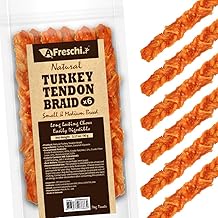 AFreschi Turkey Tendons for Dogs, USA-Sourced, Healthy Dog Treats, Rawhide-Free Puppy Chews, Long Lasting, All Natural, Hypoallergenic Dog Treats for Medium Breeds, 6 Count Pack Braid (M)
