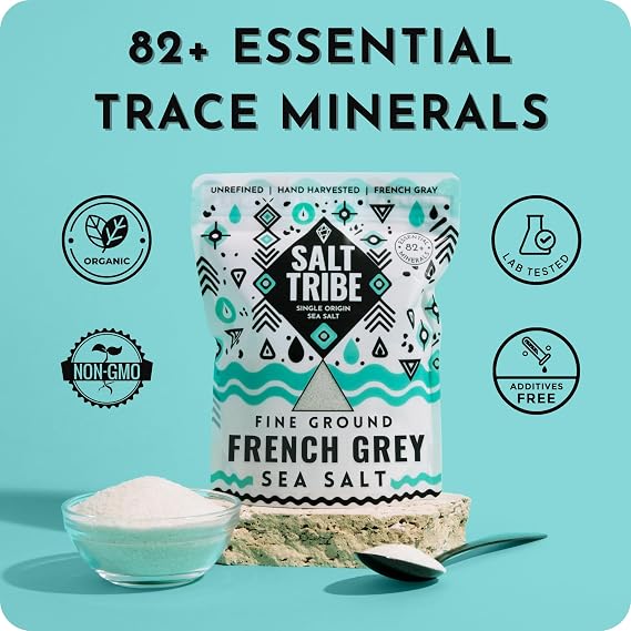 Salt Tribe French Grey Sea Salt | Fine Ground | 82 Minerals | Hand Harvested Brittany France | Low Sodium Unrefined | Sel Gris | Sal Organica | Single Origin France | 15 oz 425 Servings