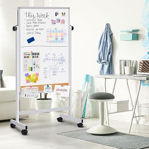 Miniatura 14 de maxtek Pizarra blanca rodante, 48 x 24 pulgadas de altura ajustable sobre ruedas, gran tablero de caballete móvil magnético de pie, doble cara