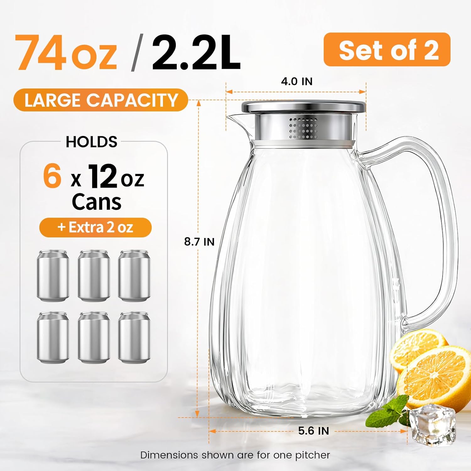 Glass Pitcher with Lid and Handle, 2.2L Borosilicate Glass Water Carafe, Stainless Steel Dual-Filter Lid, Heat Resistant for Hot/Cold Beverages – Iced Tea, Coffee, Juice, Cold Brew, 2 Pack