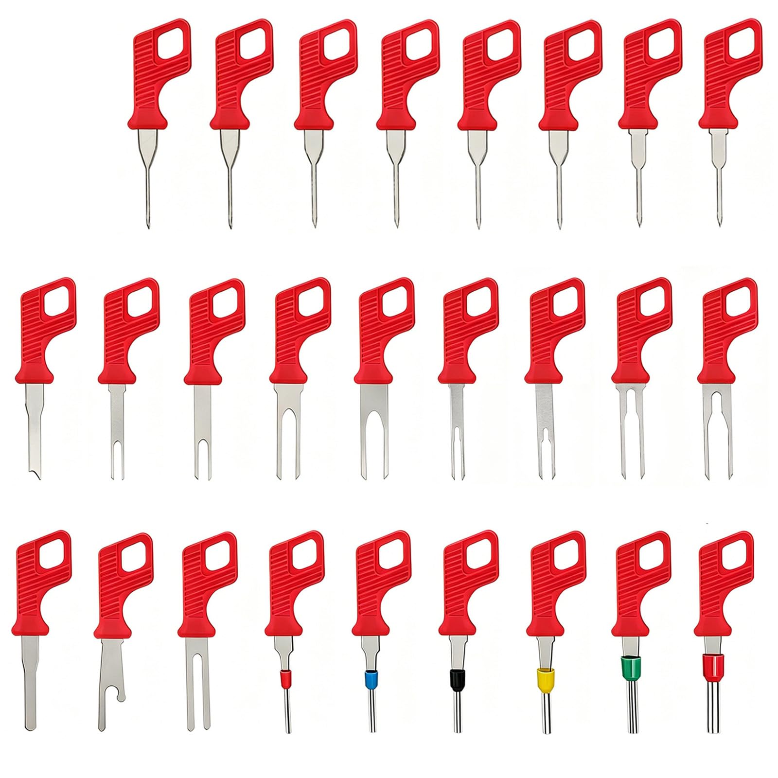 Kfwfuaee 26 Piece Set Terminal Extractor Tool Set For Automotive Wiring Repair With Mixed Pin Removal Tips And Red Grip Handle Design Depinning Pin Release Extractor Sleeve Fork Pick Connector Harness Repin Wiring