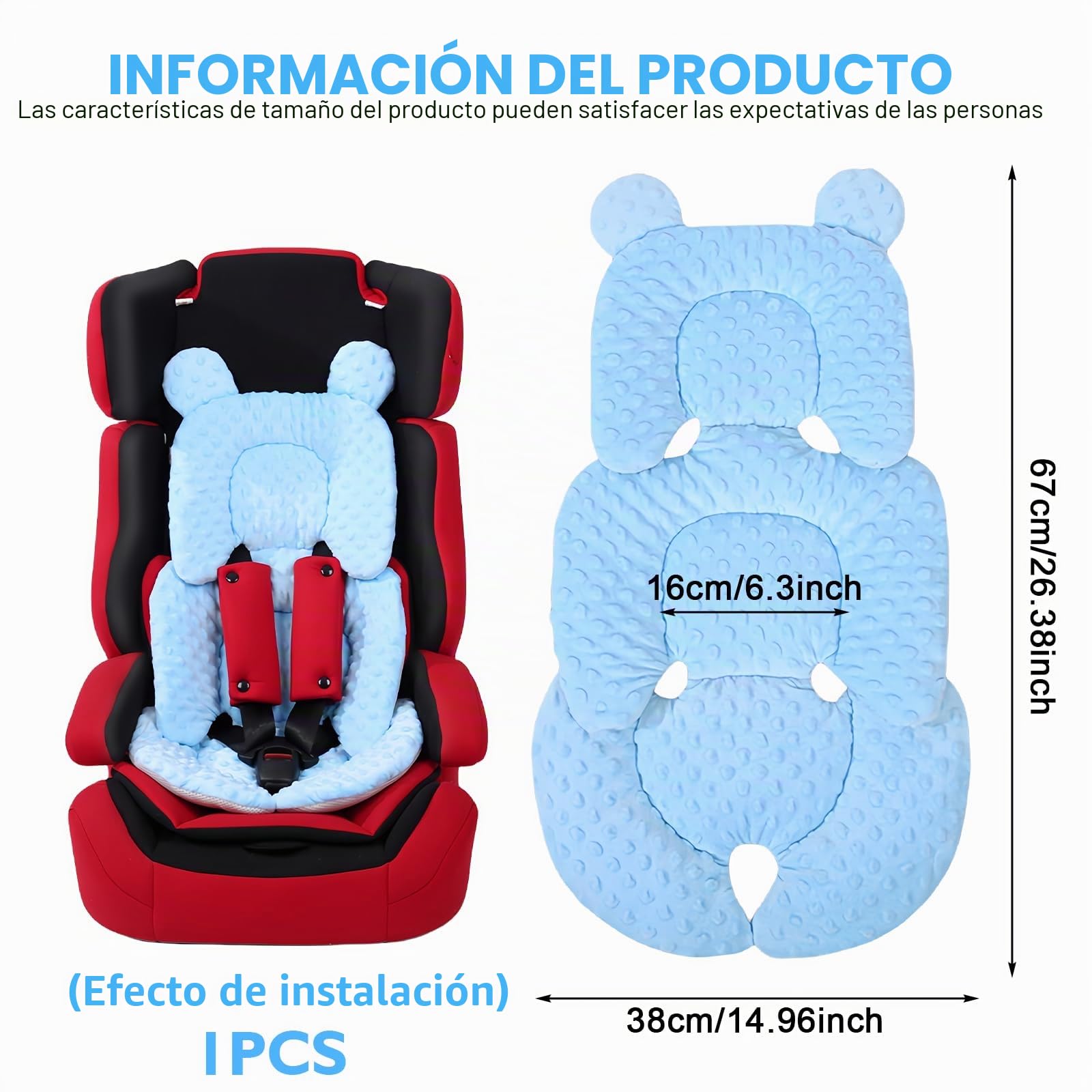 Reductor de asiento para bebé con reposacabezas, suave funda para asiento de coche, transpirable y lavable, color azul