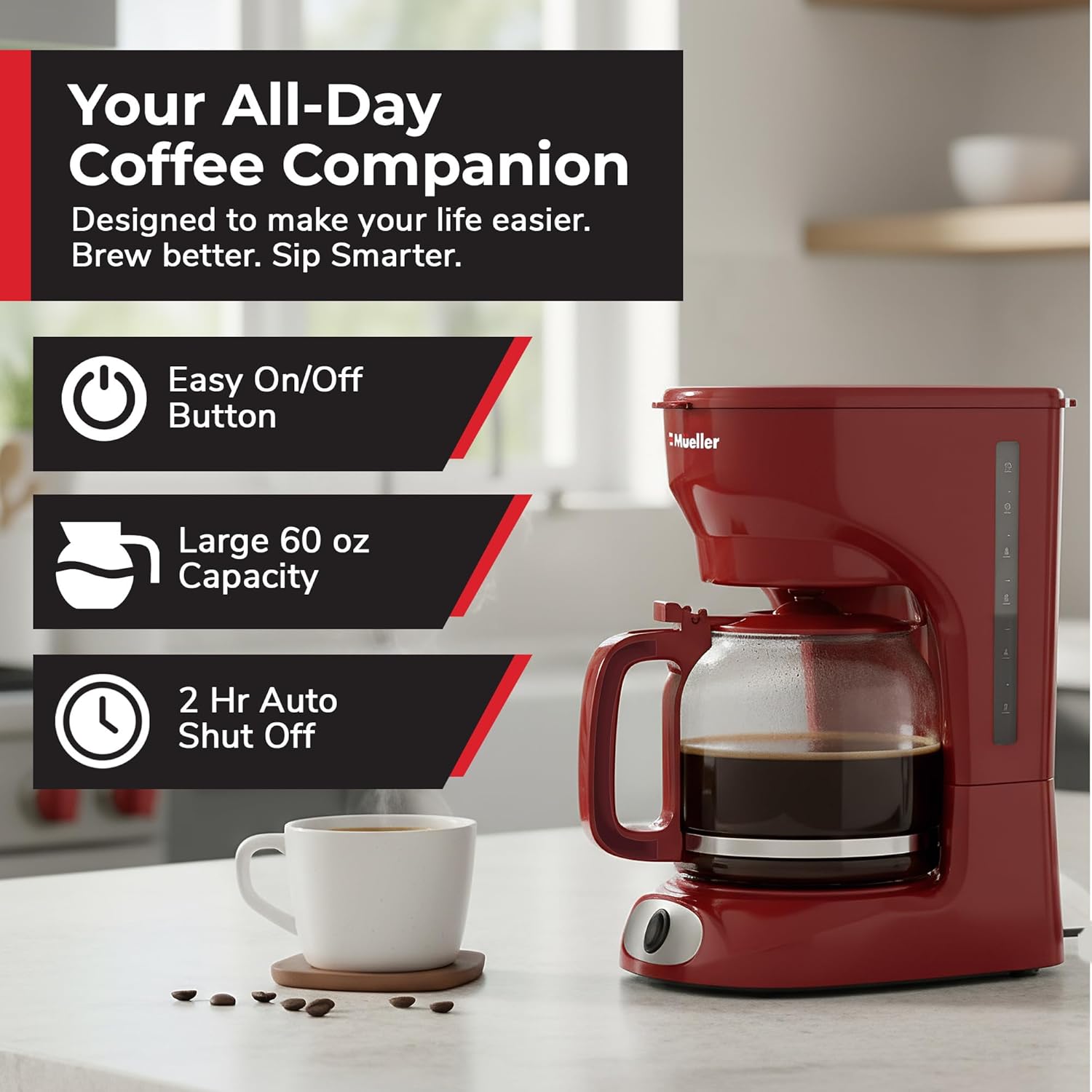 MUELLER HOME 12-Cup Red Coffee Maker - Perfect for Home or Office, Borosilicate Carafe, Auto-Off, Reusable Filter, Anti-Drip, Keep-Warm Function, Clear Water Level Window, Red Kitchen Accessories