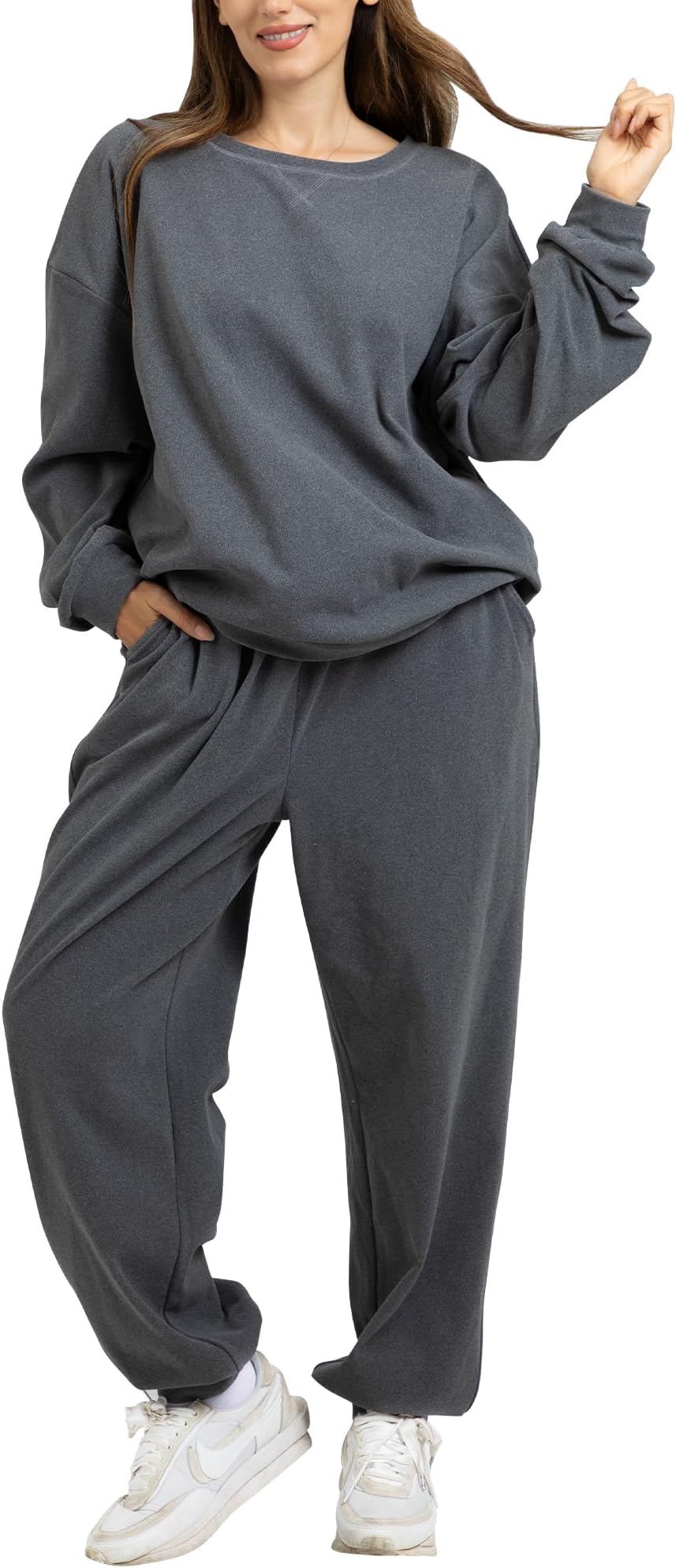Women's 2-Piece Fleece Sweatsuit Set, Fashion Ladies Tracksuit Set Outfits Baggy Sweatpants with Pocket & Drawstring, Warm Loungewear Women's clothing for Travelling Outdoor Sport