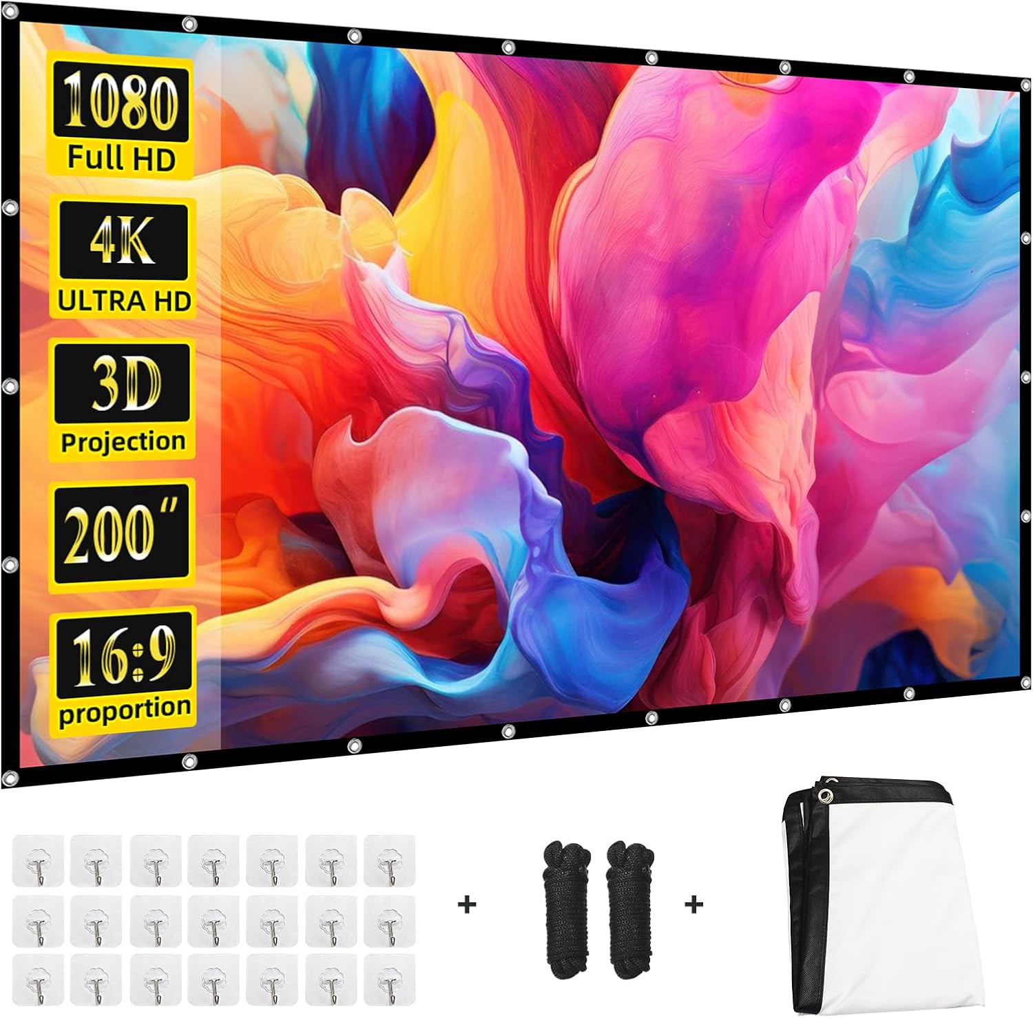 Projector Screen 200 inch，Portable Large Movie Projector Screen 16:9 HD Indoor Outdoor Double Sided Rear Projection Screen Video for Home, Party, Office, Classroom