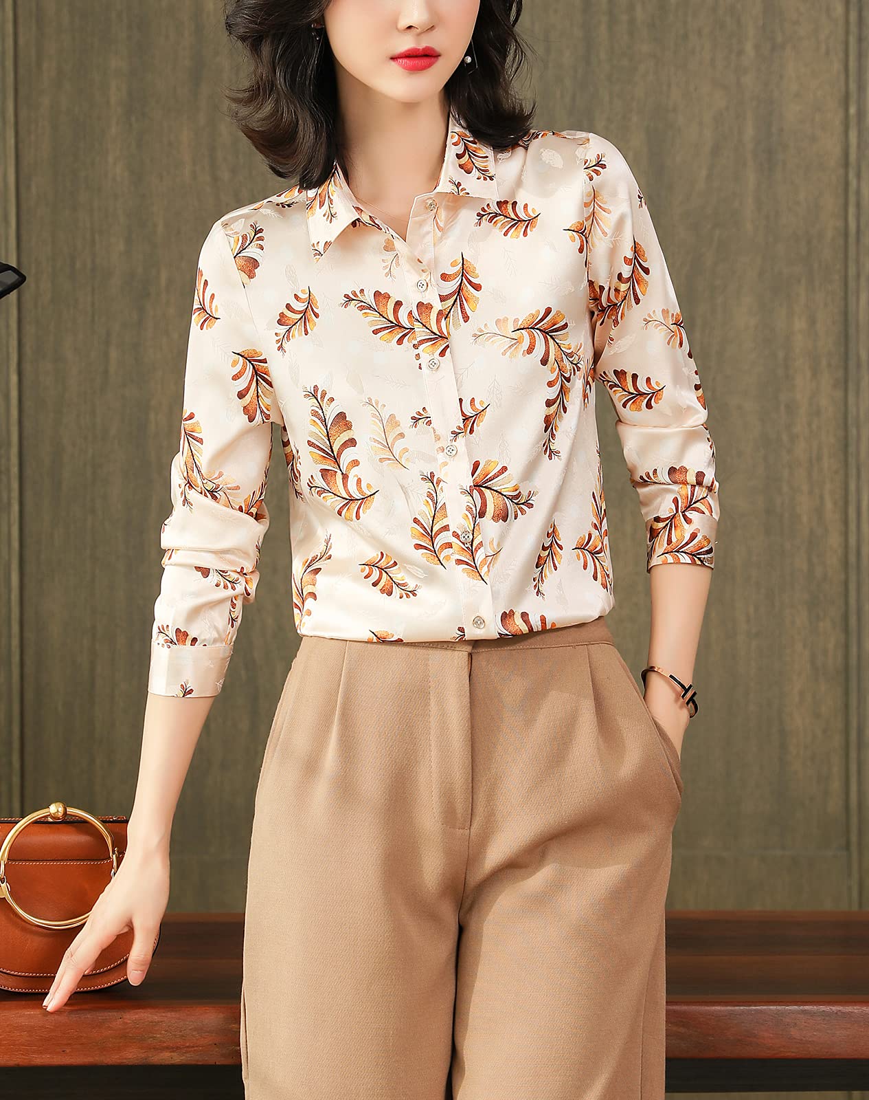 E-girl Blusa de seda para mujer con estampado de botones camisas de mujer blusa de manga larga solapa blusa de seda, S6618