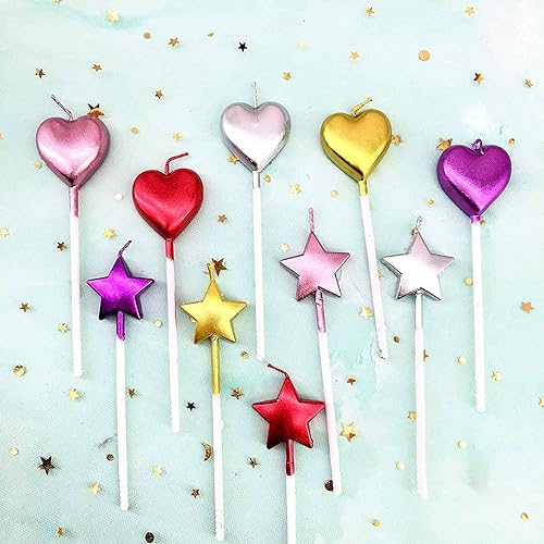 10 bonitas velas de cumpleaños en forma de corazón y estrella, multicolor, para tartas, fiestas, bodas, pasteles, suministros de decoración de