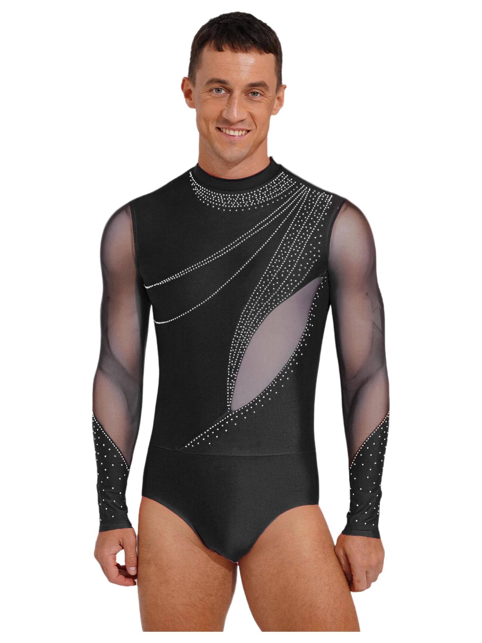 Hedmy Herren Latein Tanzbody Glitzer Mesh Langarm Turnanzug Trikot Gymnastik Lateinamerikanische Tanzkleidung Leotard