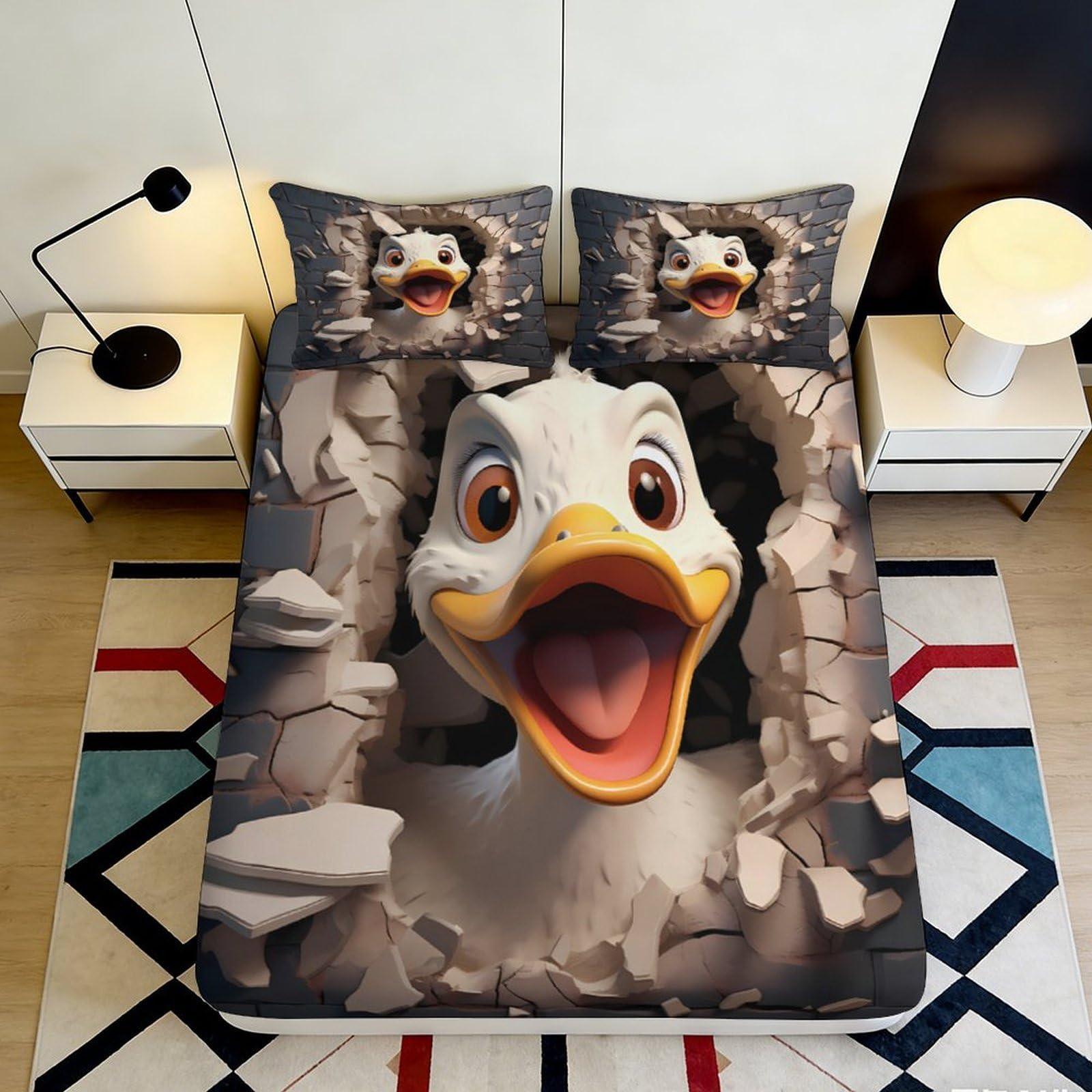 Tjiqhvmrn Style-8 3D Printed Cartoon Duck Fitted Sheet Microfiber Deep Pocket Non-Slip Cartoon Duck Mattress Fitted Cover Bedroom Bedding For Adults Teens 90X200x25cm