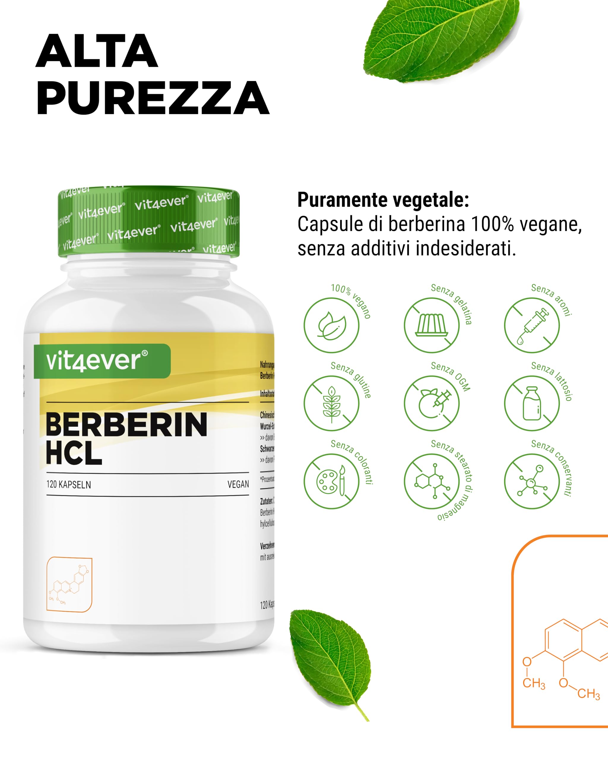 Estratto di berberina HCL - 120 capsule da 500 mg - Berberina naturale + estratto di pepe nero - Testato in laboratorio (purezza e contenuto di principi attivi) - Dose elevata - Vegan