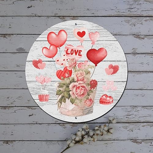 Miniatura 2 de Letreros redondos de metal para el día de San Valentín diseño de flores corazón globos de grano de madera aniversario arte de pared estilo