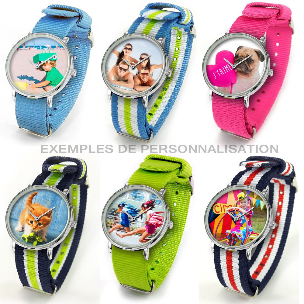 Reloj personalizable con una Photo + regalo) con dos pulseras NATO tressés turquesa. visualisez votre reloj personalizada.