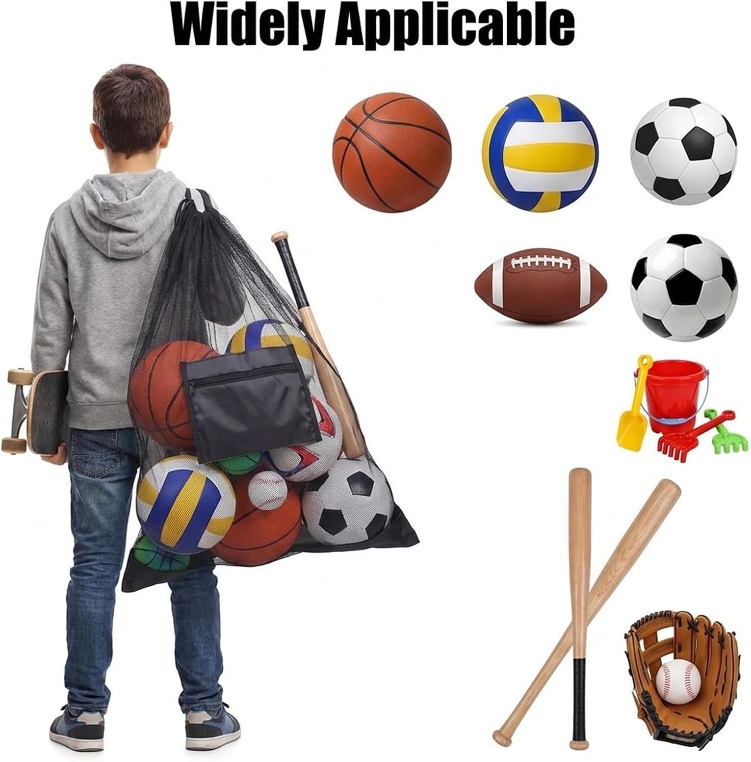 6 PCS Extra Large Ball Bag Set with Zippered Pocket, 40"x 30"Heavy Duty Nylon Mesh Sports Equipment Storage Bag for Basketball Soccer Volleyball Baseball Swimming Gear