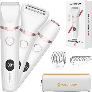 MAXGROOM Bikini Trimmer Women, 3-in-1 Painless Electric Razor for Pubic Hair, Waterproof Cordless Lady Shaver with LED Light, Travel Pouch & Easy Cleaning