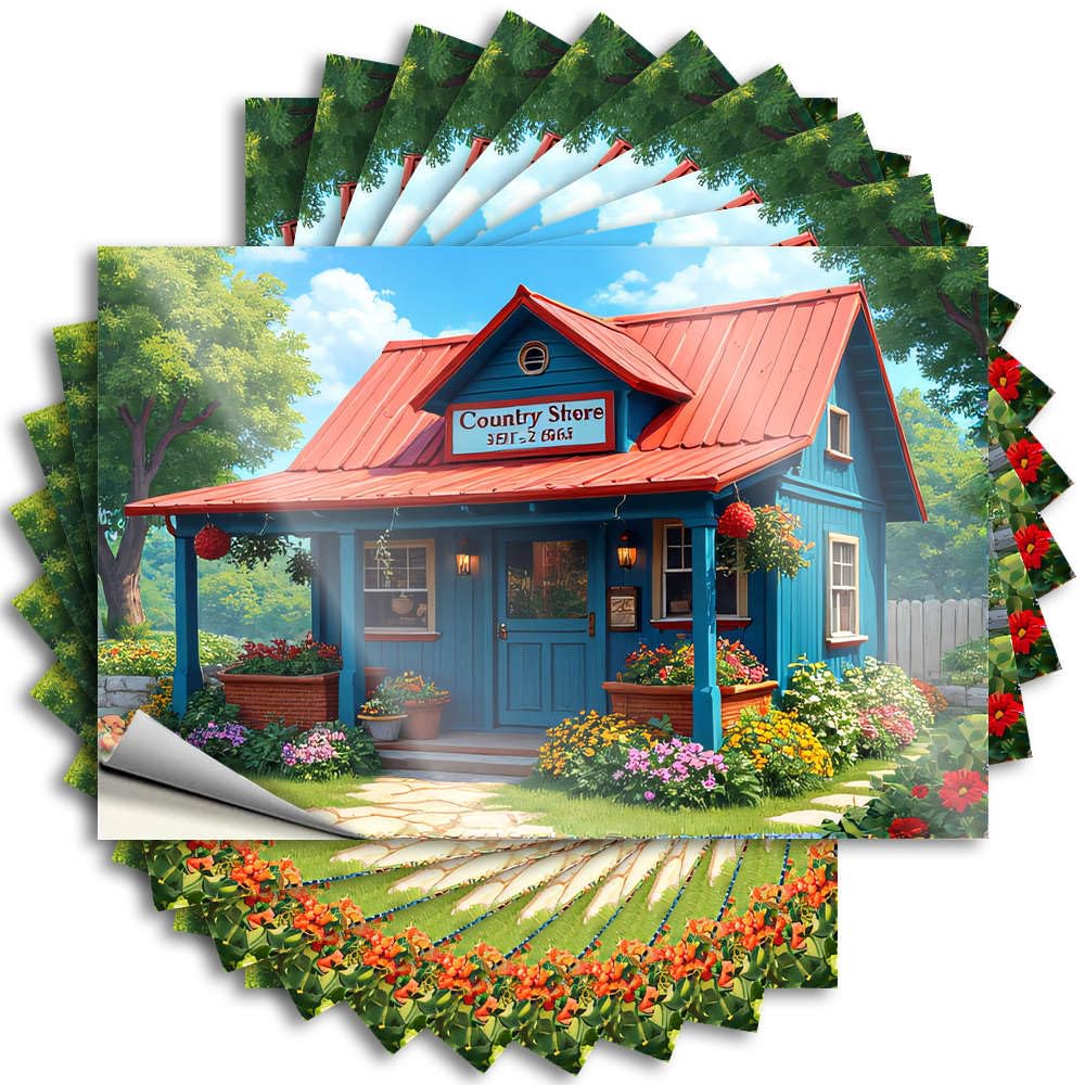 Work Inside Decals - A Charming Blue Country Store Surrounded By Vibrant Flowers Wall Waterproof Vinyl Sticker(8X12CM)