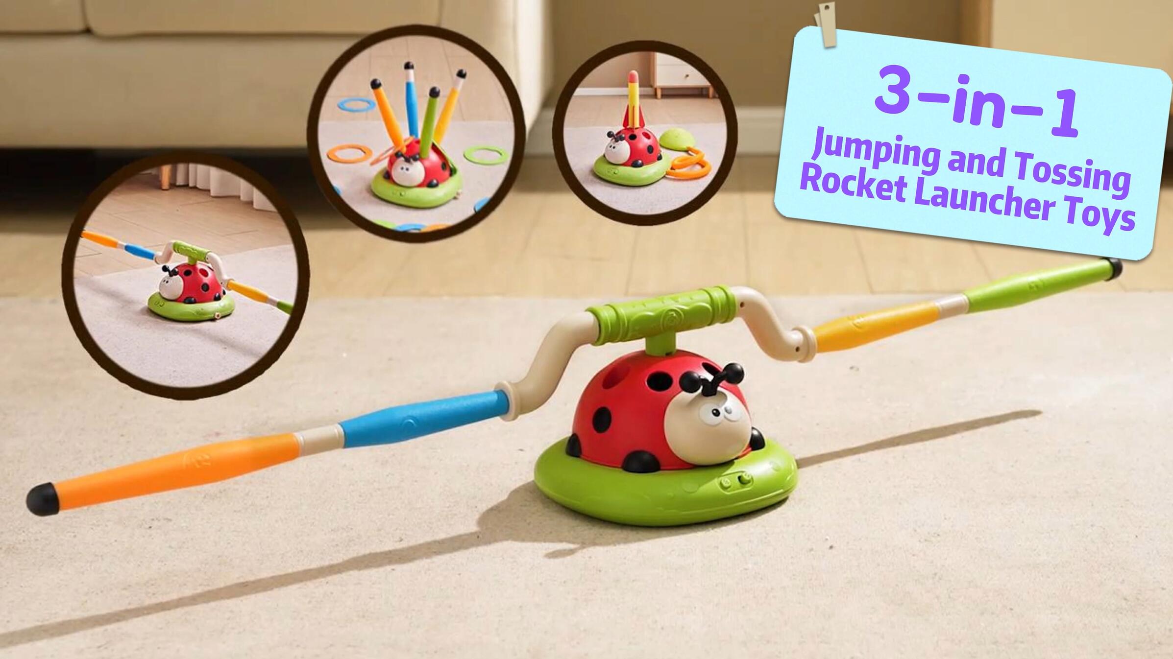 DAOUZL 3-in-1 outdoorspeelgoed voor kinderen, sportspeelgoed voor kinderen, met Toss Ring Game Toys, raketwerper, muziekspringen, 3-in-1 verjaardagscadeau voor kinderen