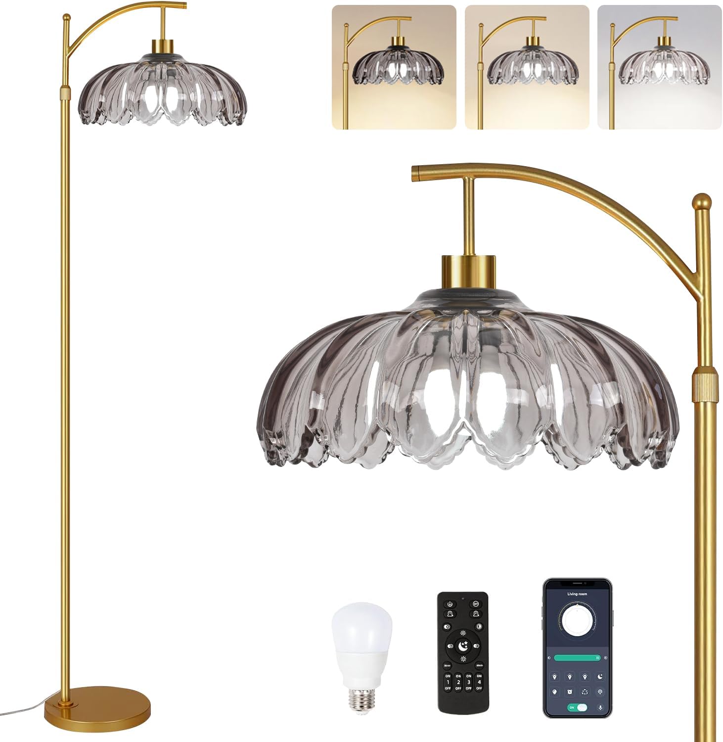 Floor Lamp for Living Room,Bedroom,Gold Dimmable Standing Lamp with Remote,Mid Century Modern Brass Tall Lamp Retro Vintage Grey Glass Lamp Floor Light Boho Bohemian 10-Floor Lamp