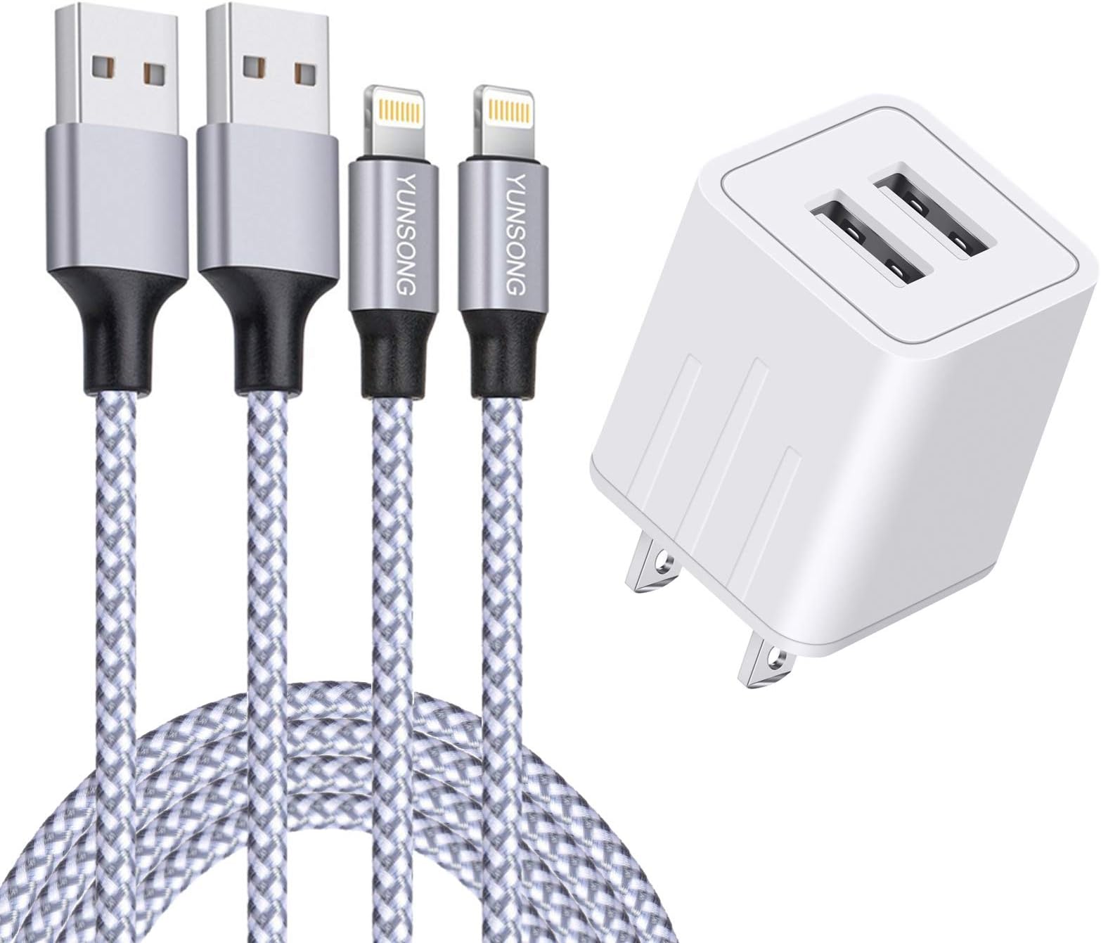 iPhone Charger, YUNSONG Nylon Braided Lightning Cable 2Pack 6ft Data Sync Transfer Cord 2-USB Rapid Charging Plug Wall Charger Compatible with iPhone 13 12 11 Pro Max XS XR X
