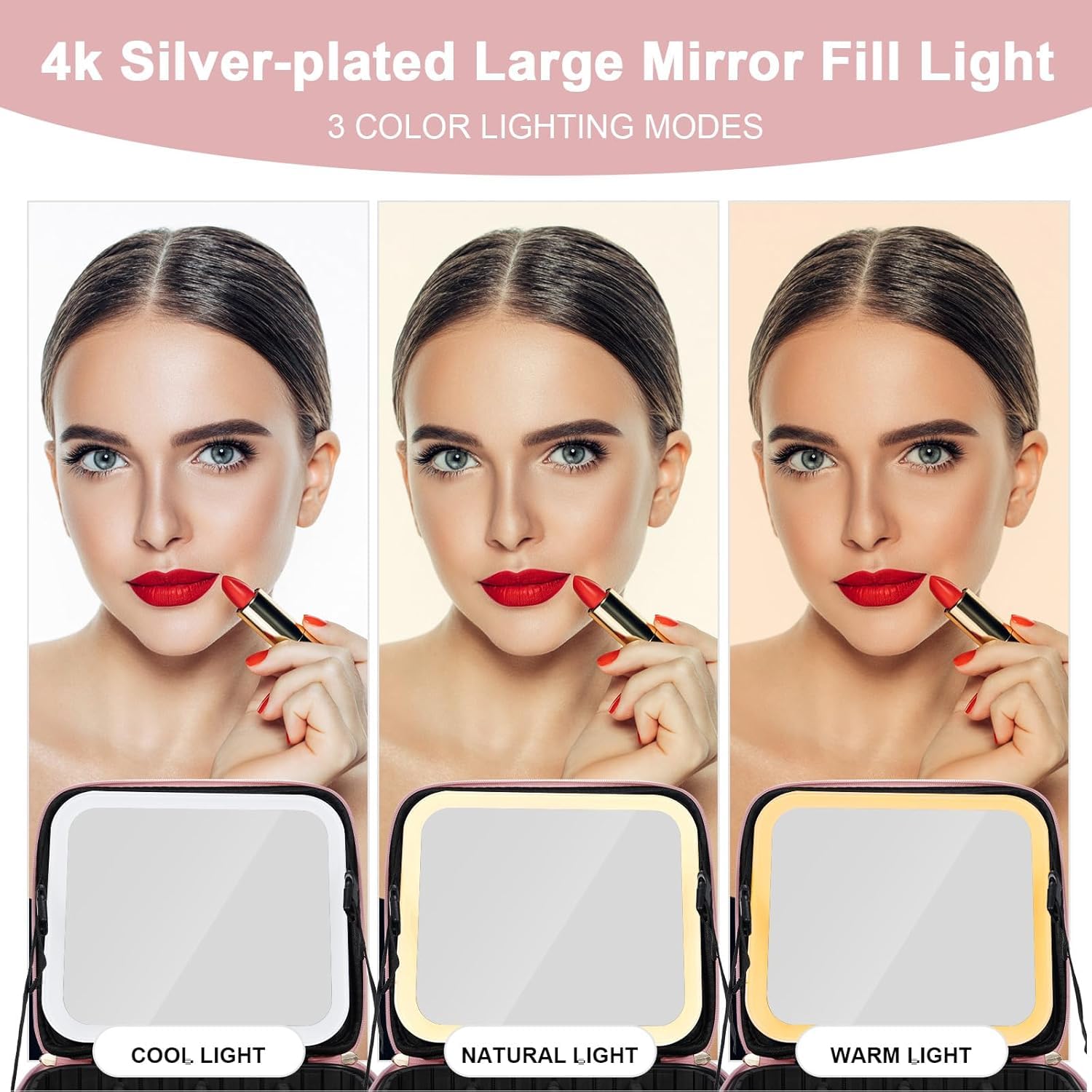 Friza Travel Makeup Case With Led Light Mirror, Waterproof Vanity Bag With 3 Adjustable Color Brightness Cosmetic Bag Train Case Organizer With Adjustable Dividers (Pink) - Image 2 thumbnail
