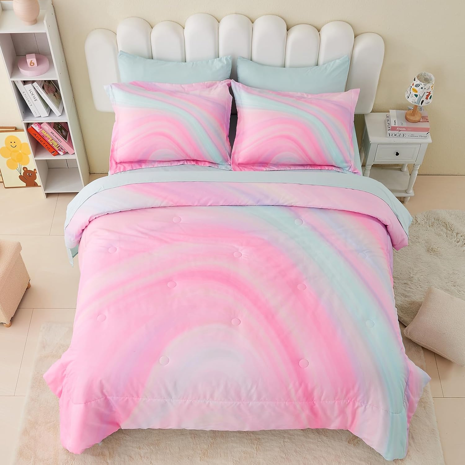 Wajade Girls Pink Comforter Set Bed in A Bag Full Size 7 Piece 3D Colorful Tie Dye Pink Rainbow Bedding Set for Teens Girls (1 Comforter, 1 Flat Sheet, 1 Fitted Sheet, 2 Pillowcase and 2 Pillow Sham) - Image 2