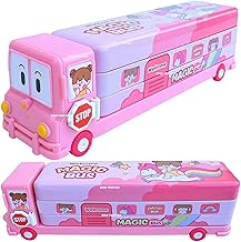 HIGH TRUSTED® 2 in 1 Cartoon Printed School Bus Shaped Pencil Compass Box and Toy for Kids with Wheels and Sharpener Metal (Pink)