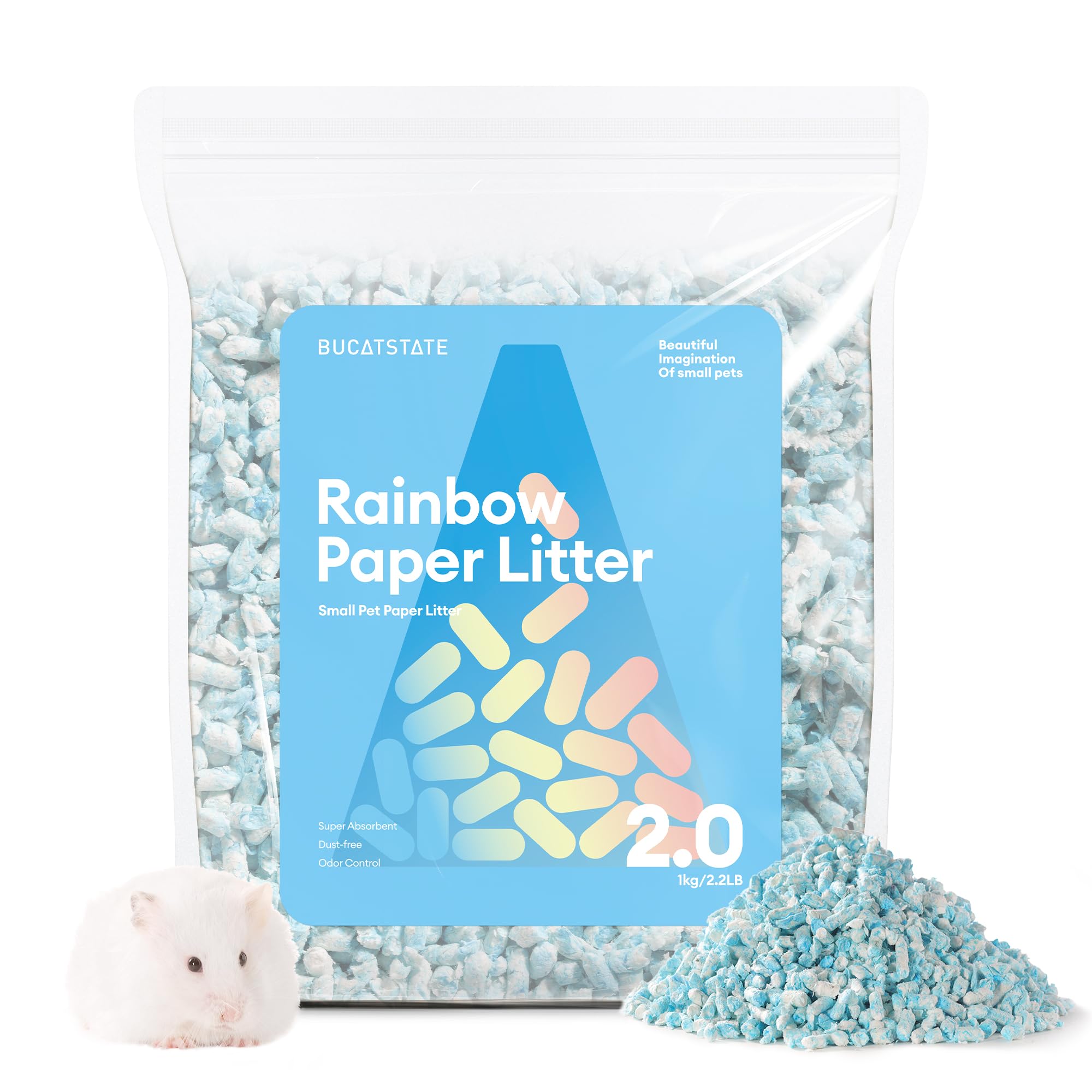 BUCATSTATE Small Animal Litter Bedding Dust-Free 1KG, 10X Absorbent Guinea Pig Bedding Rabbit Pellets Paper Hamster Bedding Odor Control for Cages, Reptile, Small Pets (BLUE)