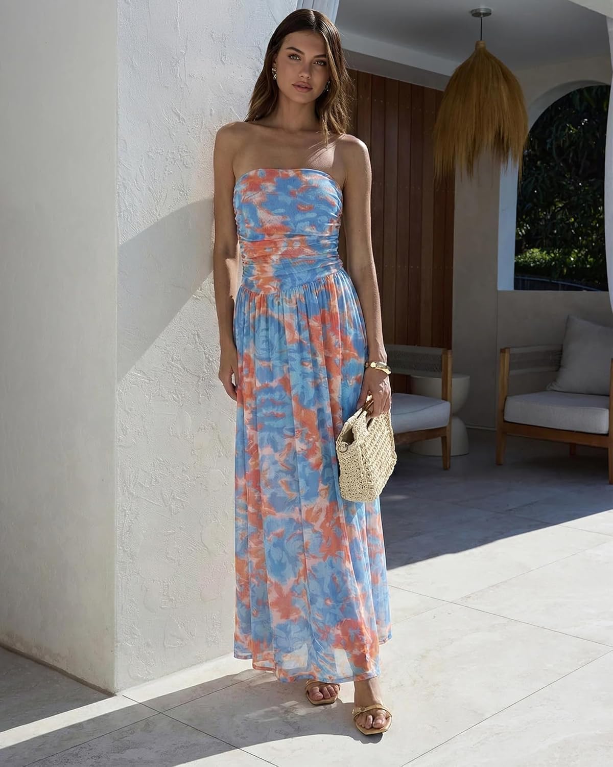 Summer Floral Wedding Guest Maxi Dress for Women Strapless Tube Long Dresses Mesh Flowy Vacation Cocktail Dresses