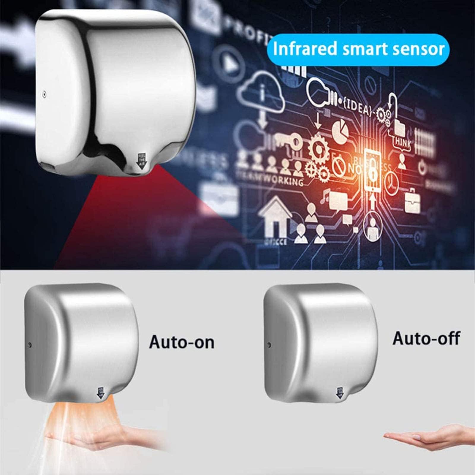 Secador Manos 1200W, Secadores Manos por Inducción Inteligente, 5-8S, Sensor Inteligente Infrarrojo+Filtración, Salida Aire Alta Velocidad, para Hoteles, Restaurantes, Hospitales,A