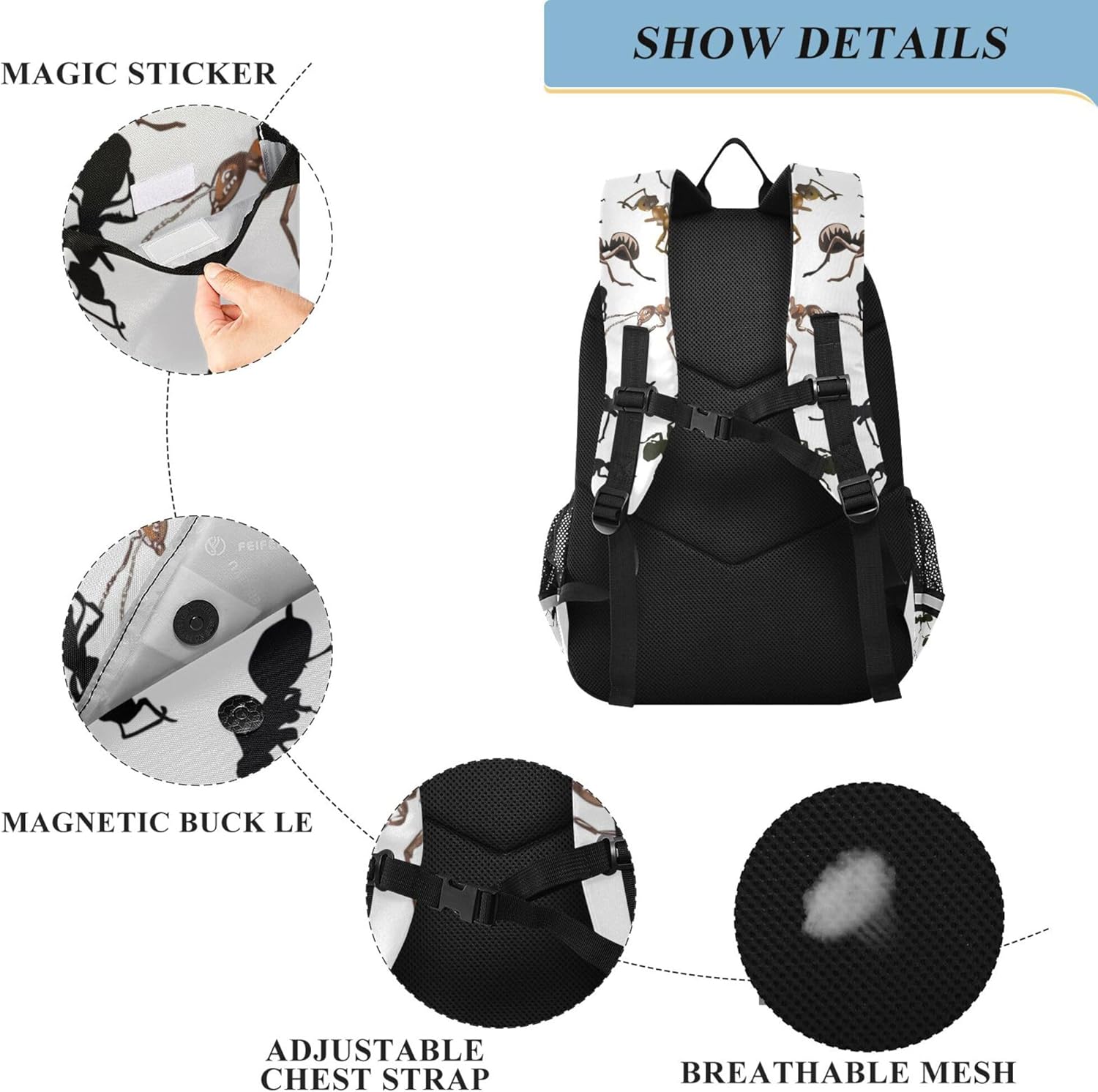 Black White Ants Backpack School Bag Lightweight Laptop Notebook Tablet Backpack Students Travel Bookbag with Reflective Stripes