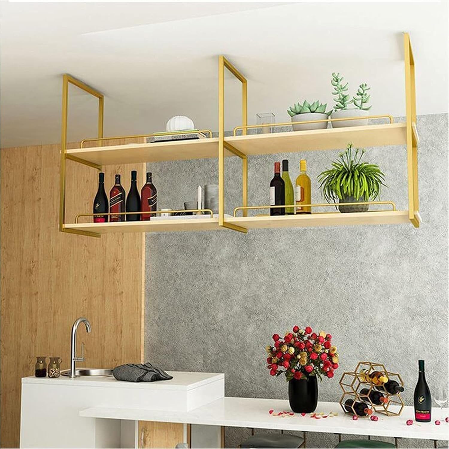 Rustic Iron and Wood Hanging Wine Rack with Plant Shelf Ceiling Mounted Wine Bottle Holder for Kitchen or Bar Vintage Style 80kg Capacity Solid Wood Panel Space Saving Storage Solu