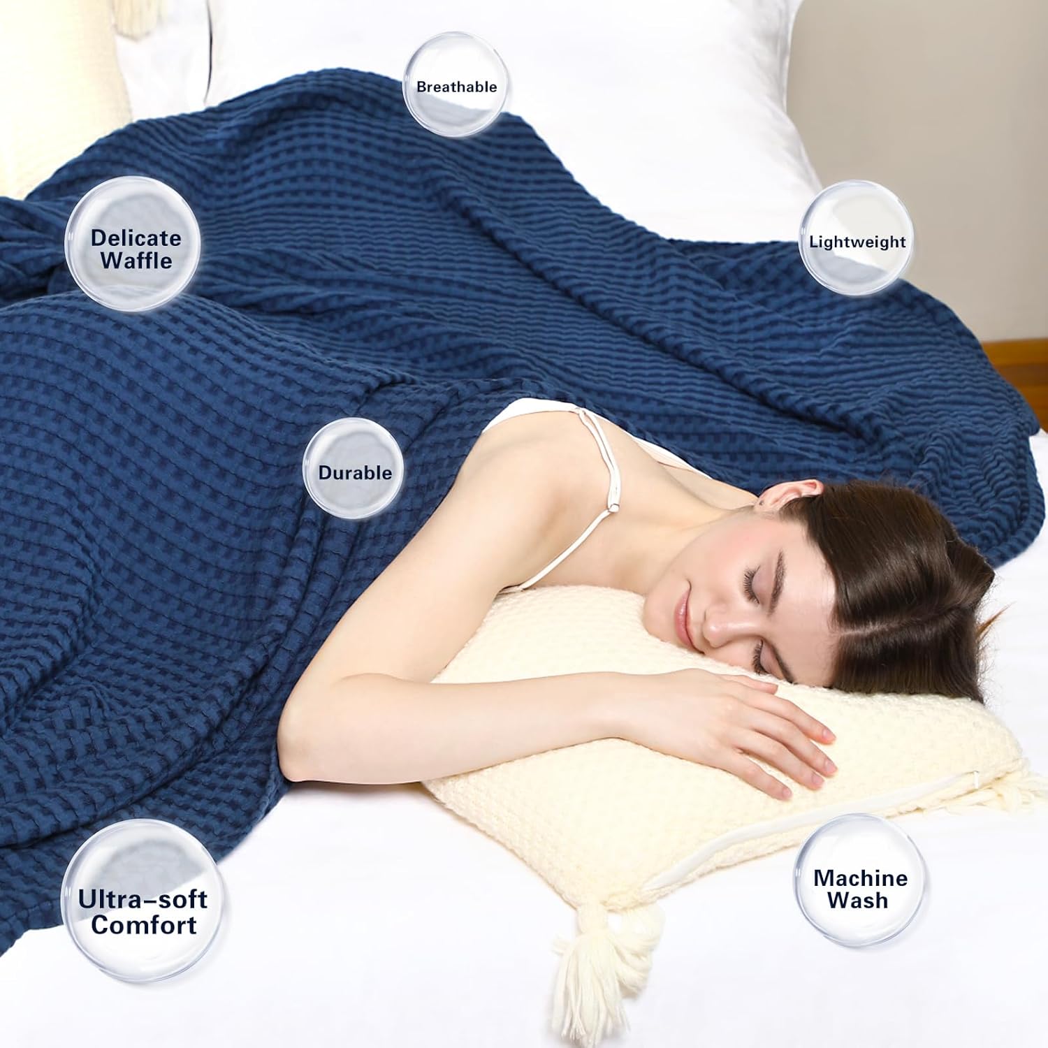 Aganear Waffle Blanket - Lightweight Breathable Summer Blanket of 50% Cotton and 50% Rayon Derived from Bamboo for Hot Sleepers Luxury Throws for Bed, Couch and Sofa,Navy,90x90 Inches - Image 3