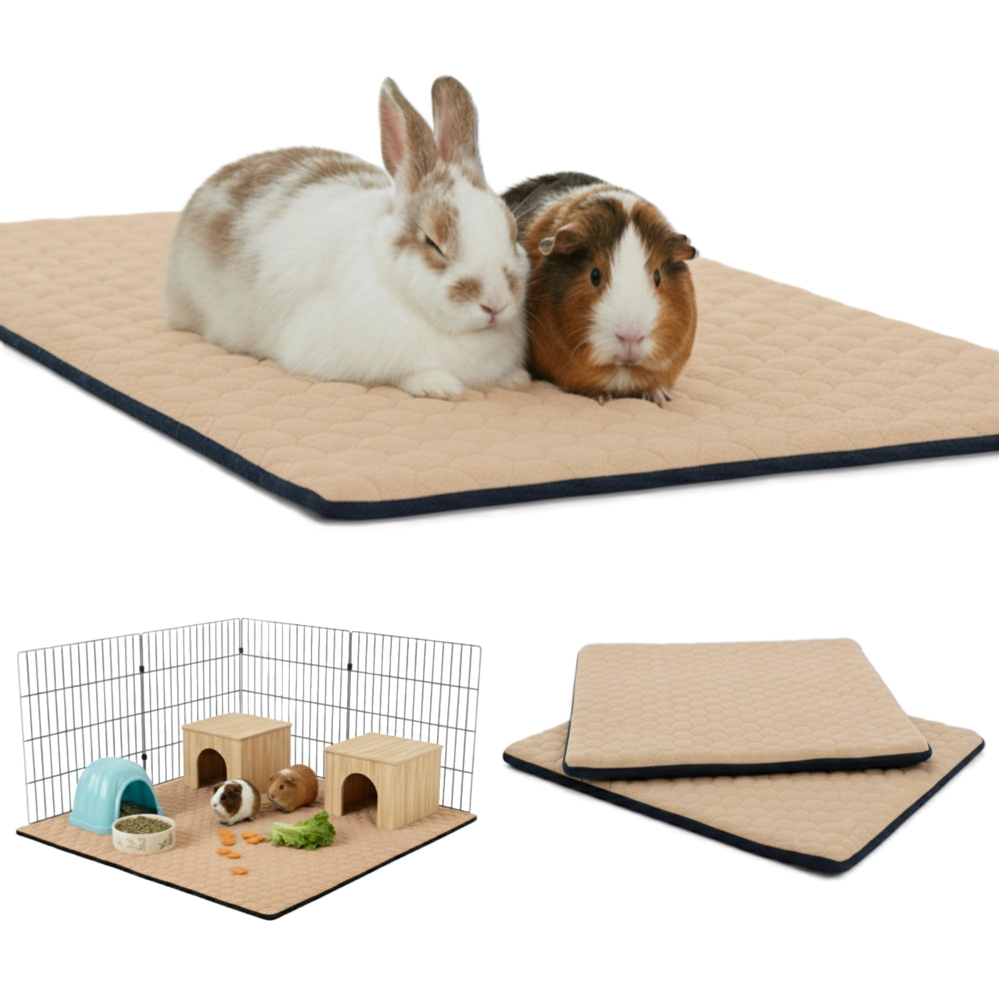 Juego de 2 Forros de vellón para jaulas de cobayas y Conejos. | 105 x 105 cm - Beige - Absorbente e impermeable - Lavable - Jaula y corralito y C&C 3x3