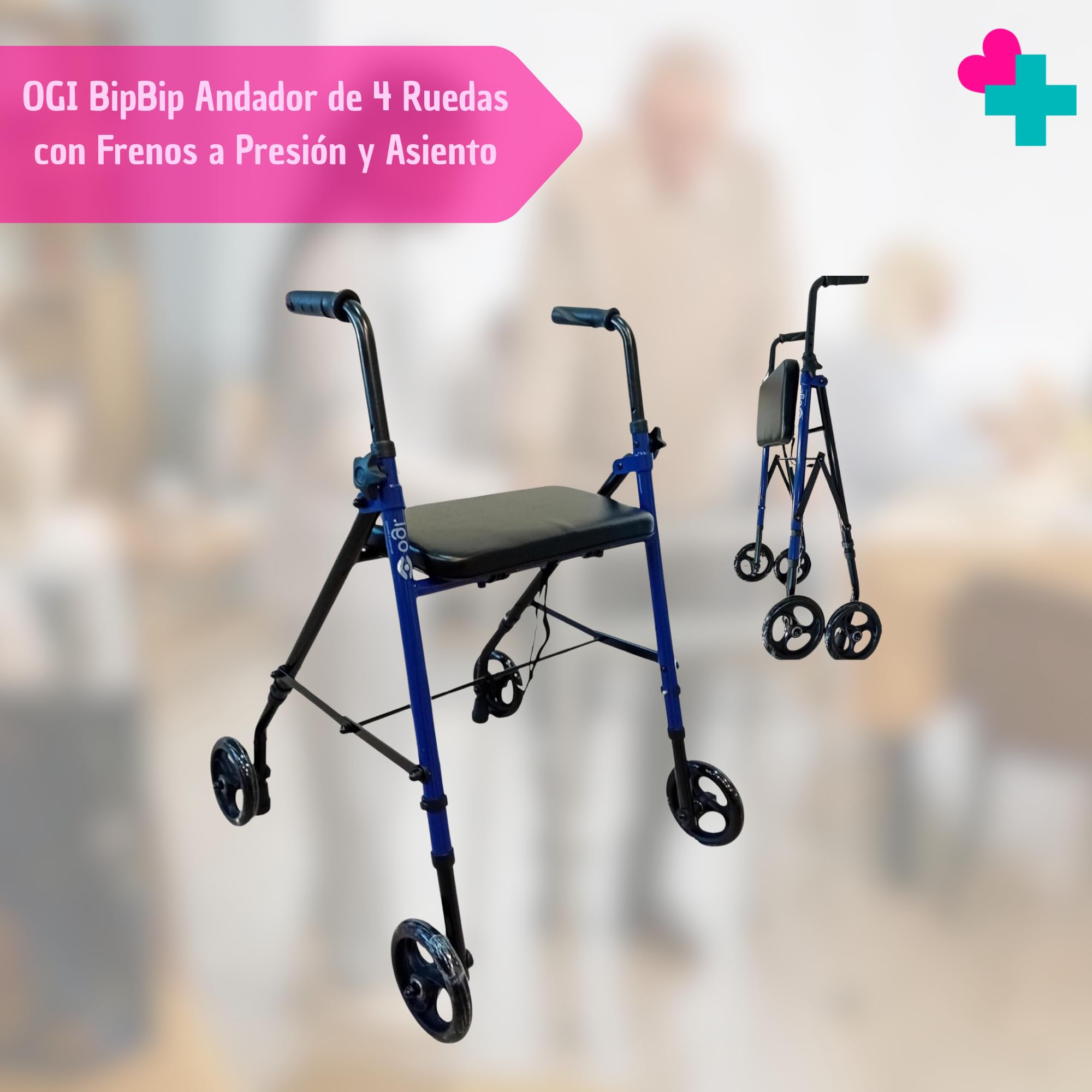 Andador para Ancianos con Freno por Presión. Andador Plegable. Andadores Adultos con Asiento Acolchado. Andador Ancianos Regulable. Andador OGI Bip Bip (Azul)