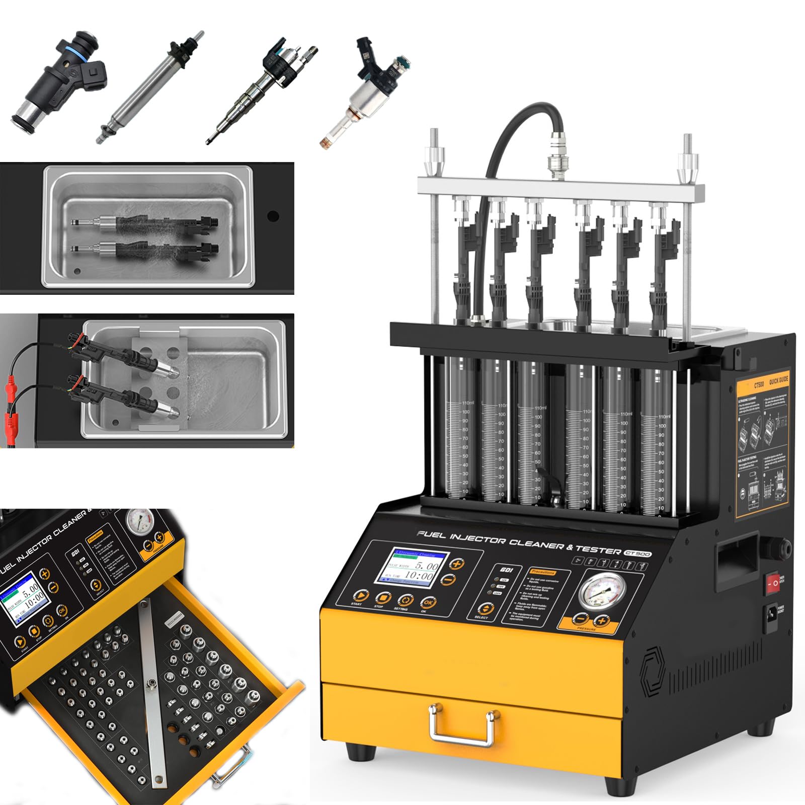 Fuel Injector Cleaner and Tester Machine, 6 Cylinder Fuel System Injection Cleaning Tester with 9 Types Adapter, 3 Cleaning &amp; 12 Testing Functions for GDl,EFI,FSI, 0-40ms Pulse Settings, 0.1ms Step