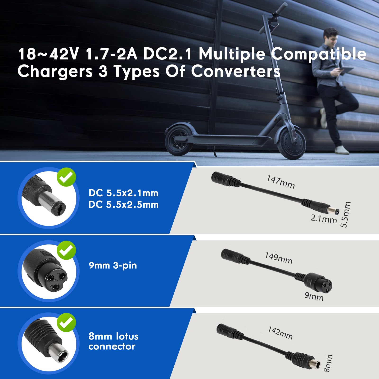 Cargador Patinete Electrico，42V 2A Cargador Patinete Xiaomi，36V Carrgador Universal baterías Litio con 3 Conectores，Carga rápida para Hoverboard,E-Bike,Scooter+2L Bolsa Impermeable