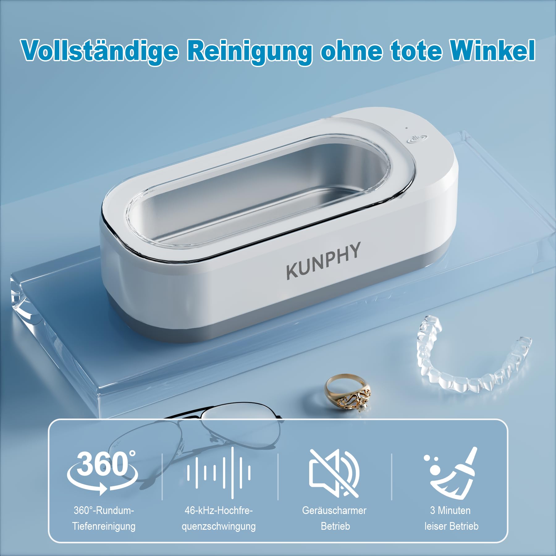 KUNPHY Limpiador Ultrasónico Multiusos 350ml 46KHz, Aparato de Limpieza por Ultrasonidos para Gafas, Joyas, Relojes, Alineadores Dentales, Prótesis Dentales y Lentillas