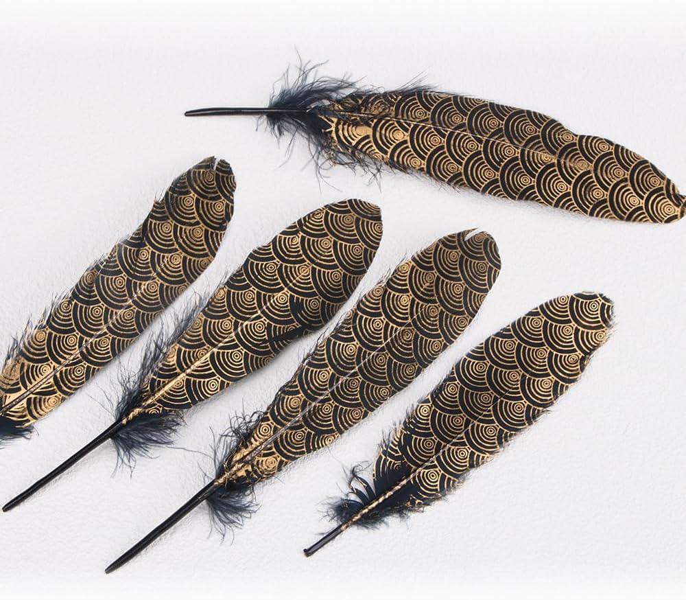 ZORZA 30Pcs Gold Dipped Black Goose Feathers 6-9 Inch Black Goose Feather Gold Cloud Pattern Black Feathers for Crafting DIY Halloween Party Wedding Dream Catcher accessories