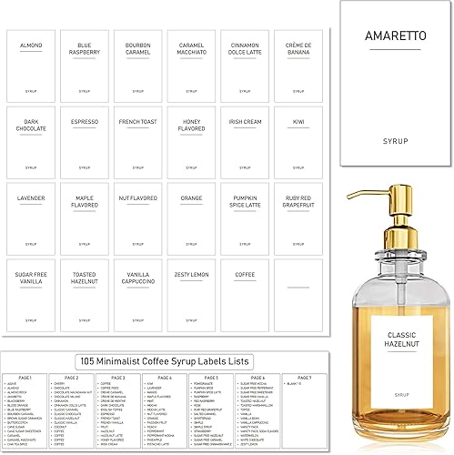 105 etiquetas de jarabe de café para frascos de barra de café y botellas dispensadoras de jarabe de café, 90 calcomanías de vinilo preimpresas