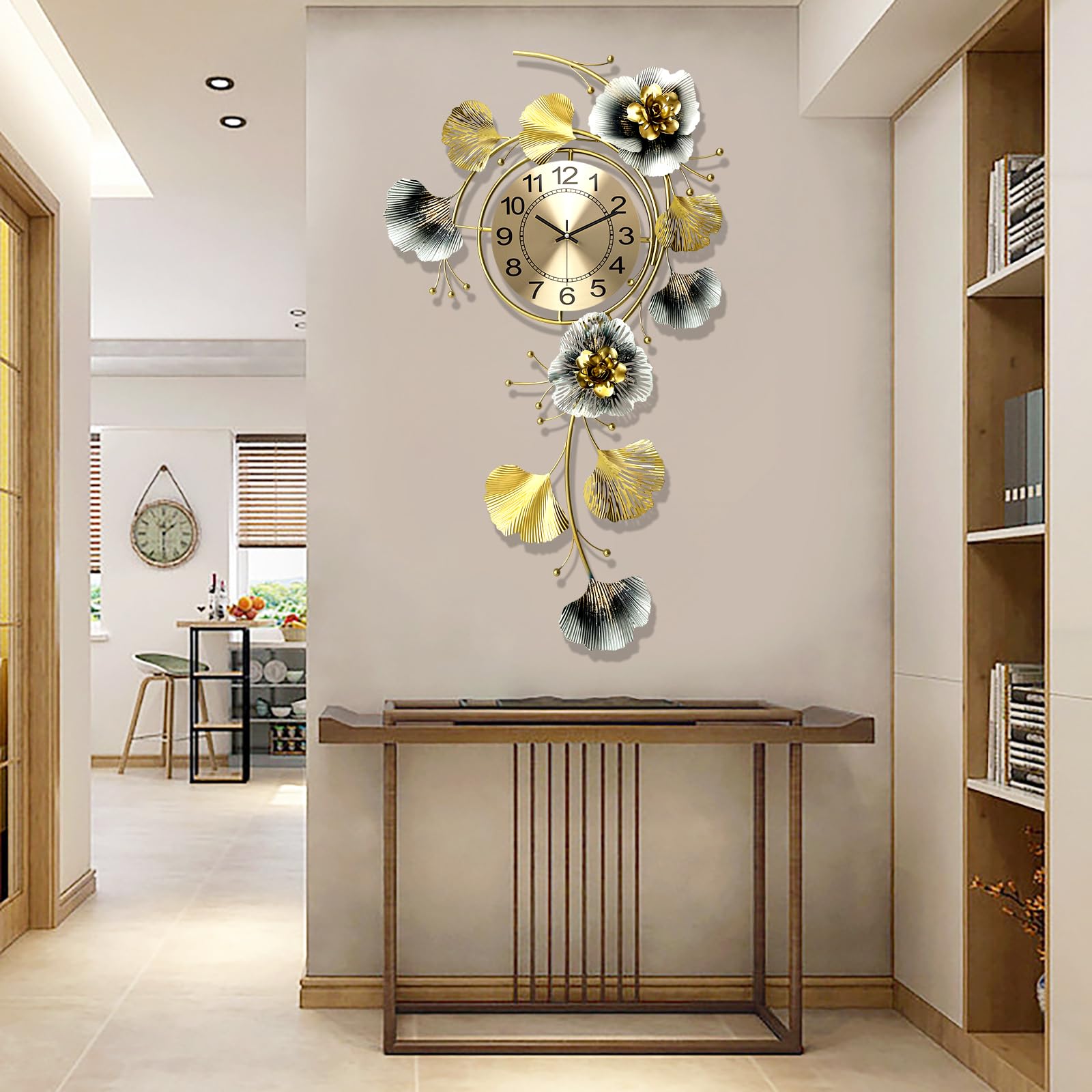 Orologi da parete per la decorazione del soggiorno, grande orologio da parete, silenzioso Relojes de Pared con quadrante girevole a 360°, orologio al quarzo da parete in metallo 3D con foglia di