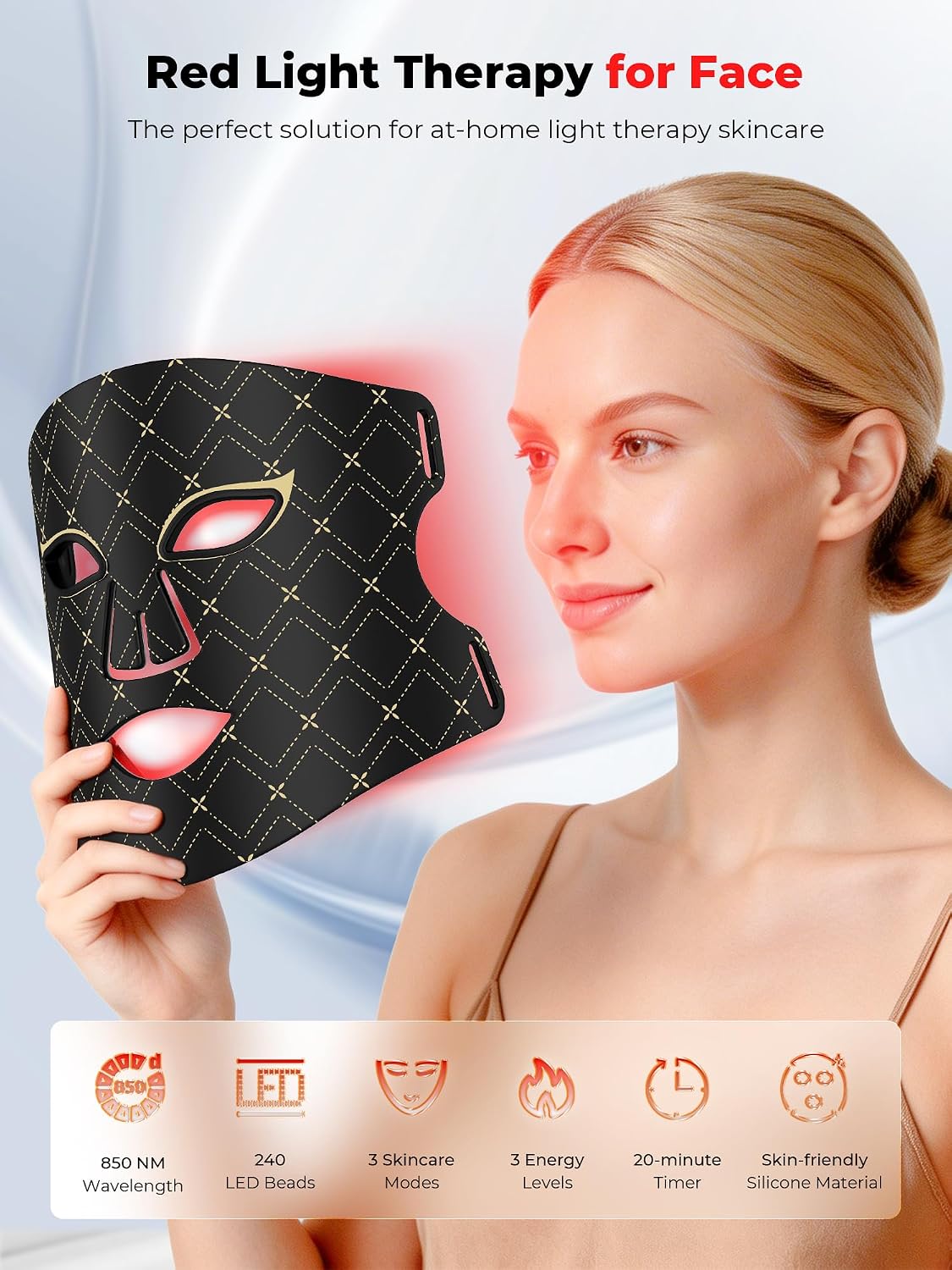 Red Light Therapy for Face with 850nm NIR, 630nm Red & Blue Light Modes