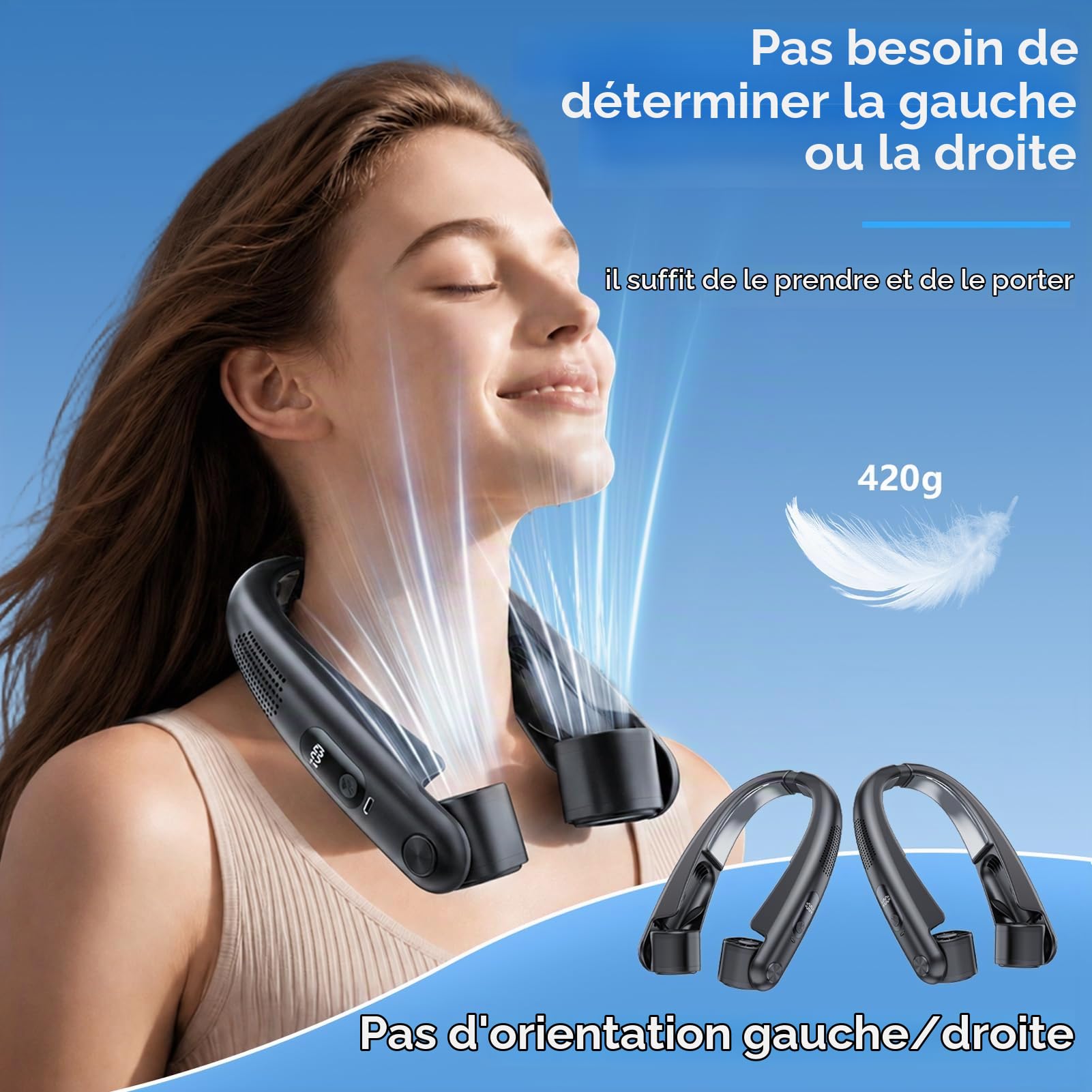 Ventilateur de Cou Climatiseur Mobile avec Plaques Rafraîchissantes, Affichage LED, Réglage de la Vitesse de 1 à 100, Sorties d'air Réglables, Batterie 6000mAh, pour Enfant & Adulte Bureau Voyage