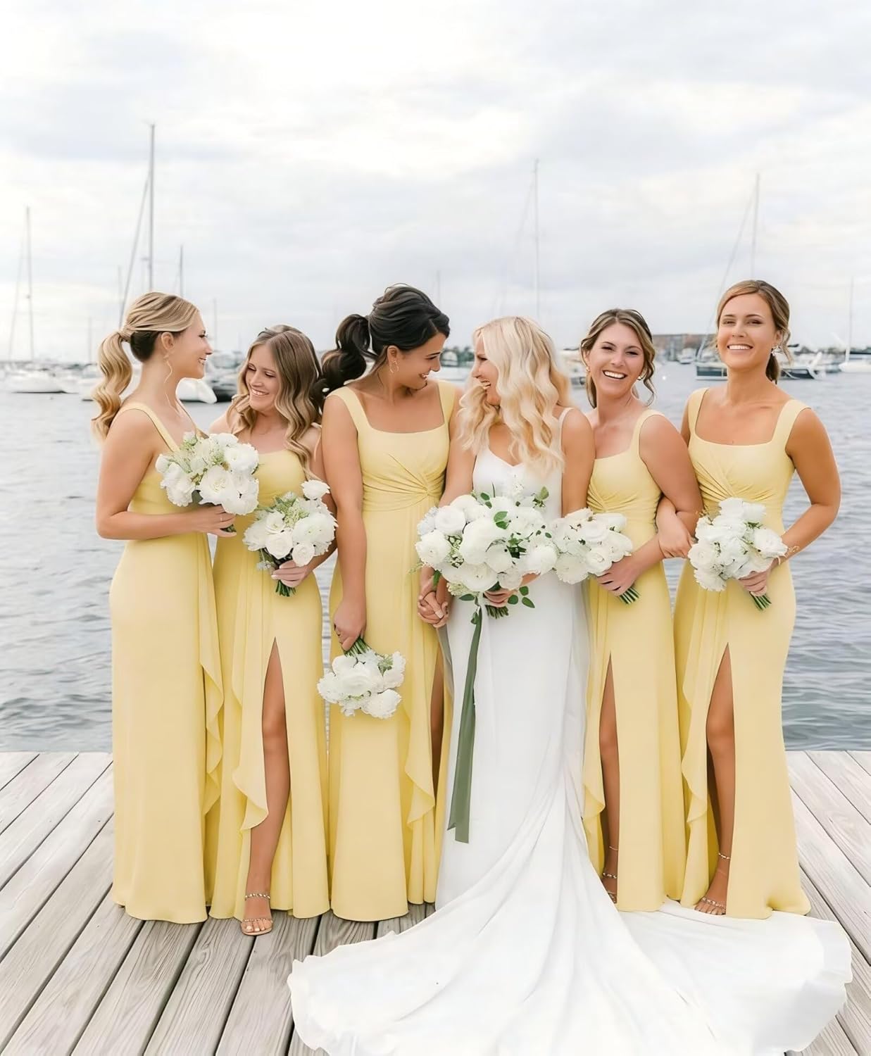 YOFF Square Neck Bridesmaid Dresses with Slit Chiffon Aline Formal Evening Dress with Pocket YO004