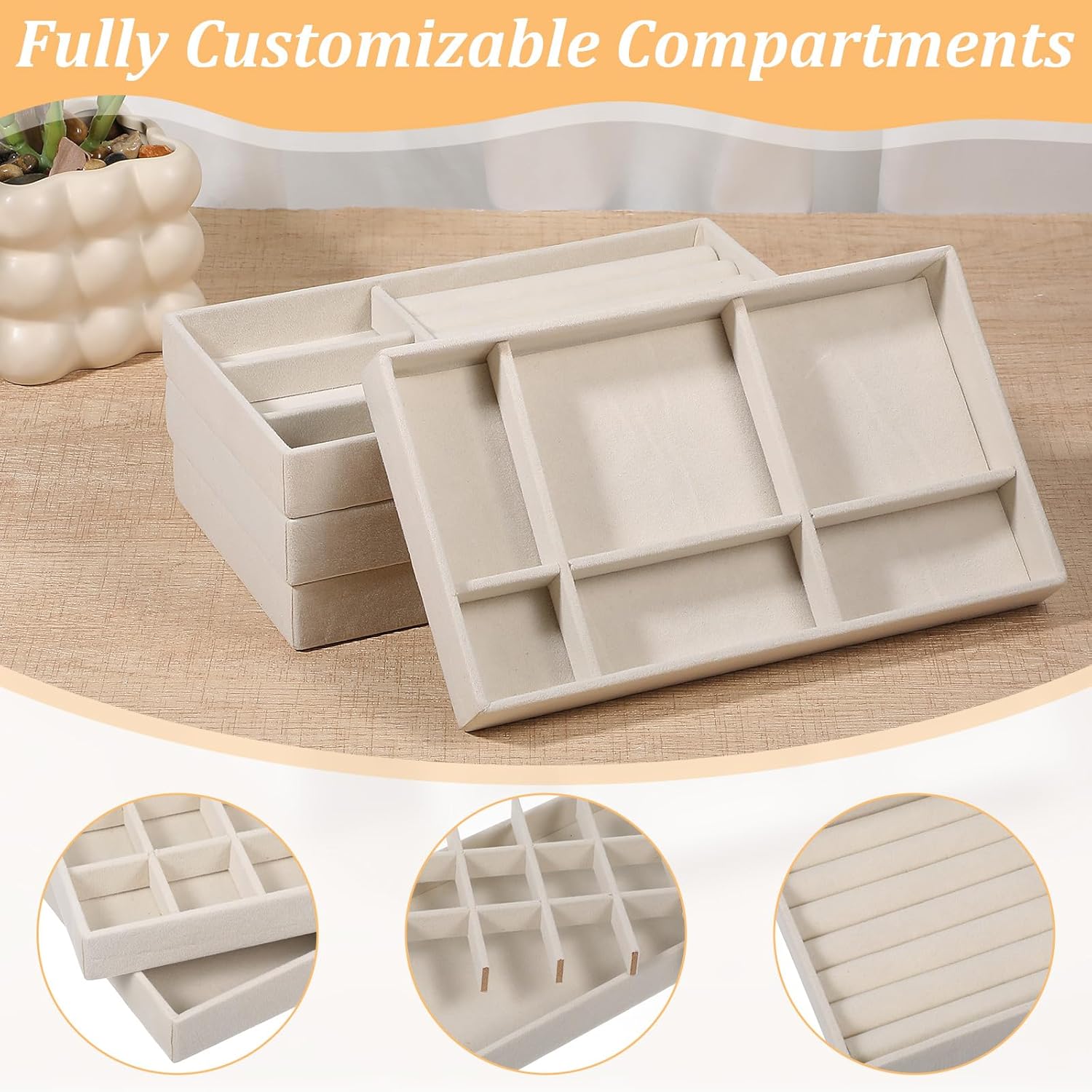 12 Pack Velvet Jewelry Organizer Trays for Drawer, Stackable Storage Display Case with Removable Dividers for Necklace, Bracelet, Rings, Earrings - Beige