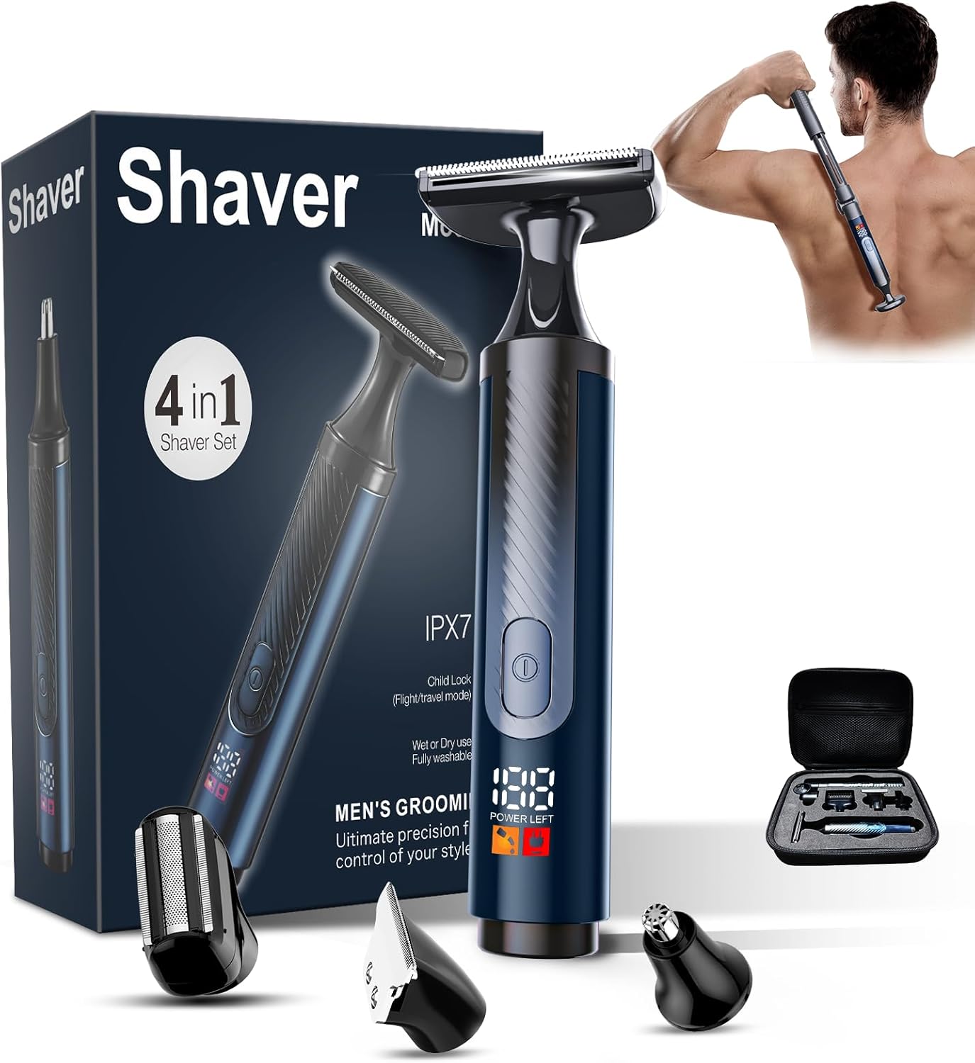 Back Shaver for Men, Mens Back Shaver with Travel Case, LED Display Ultra-Wide 2" T-Shaped Head with Long Handle, Safety Lock, IPX7 Wet/Dry, Multi-Functional Back Trimmer,(Dim Silver)