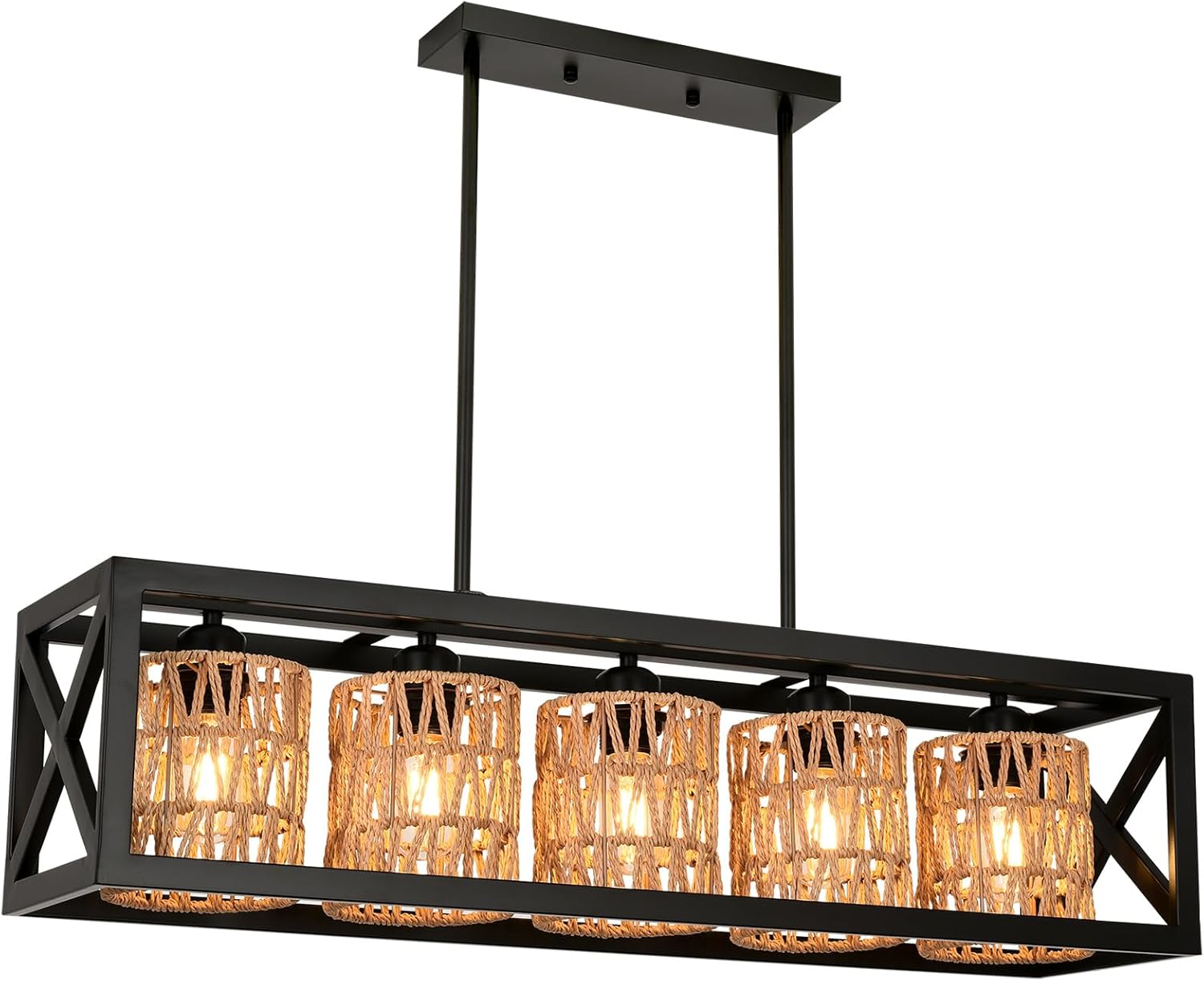 Boho Island Light Fixture, 5-Light Rattan Kitchen Chandelier, Farmhouse Woven Large Coastal Wicker Wood Bamboo Bohemian Rustic Rectangle Black Linear Pendant Lights Over Table for Kitchen Island