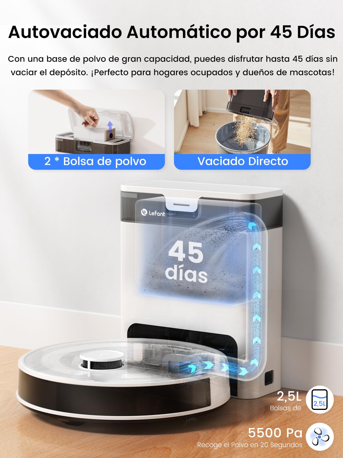 Lefant M2Pro Robot Aspirador 5500Pa, Aspirador Robot con Estación de Vaciado Automático de Polvo, Robot Aspirador y Fregador con Navegación Láser y Mapeo, Evitación de Obstáculos PSD, mascotas, Blanco
