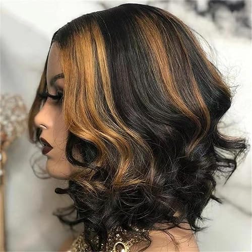 Miniatura 3 de Peluca corta de encaje frontal, pelucas sintéticas Bob onduladas negrorubio, línea de cabello natural, 160% de densidad, cabello balayage, color