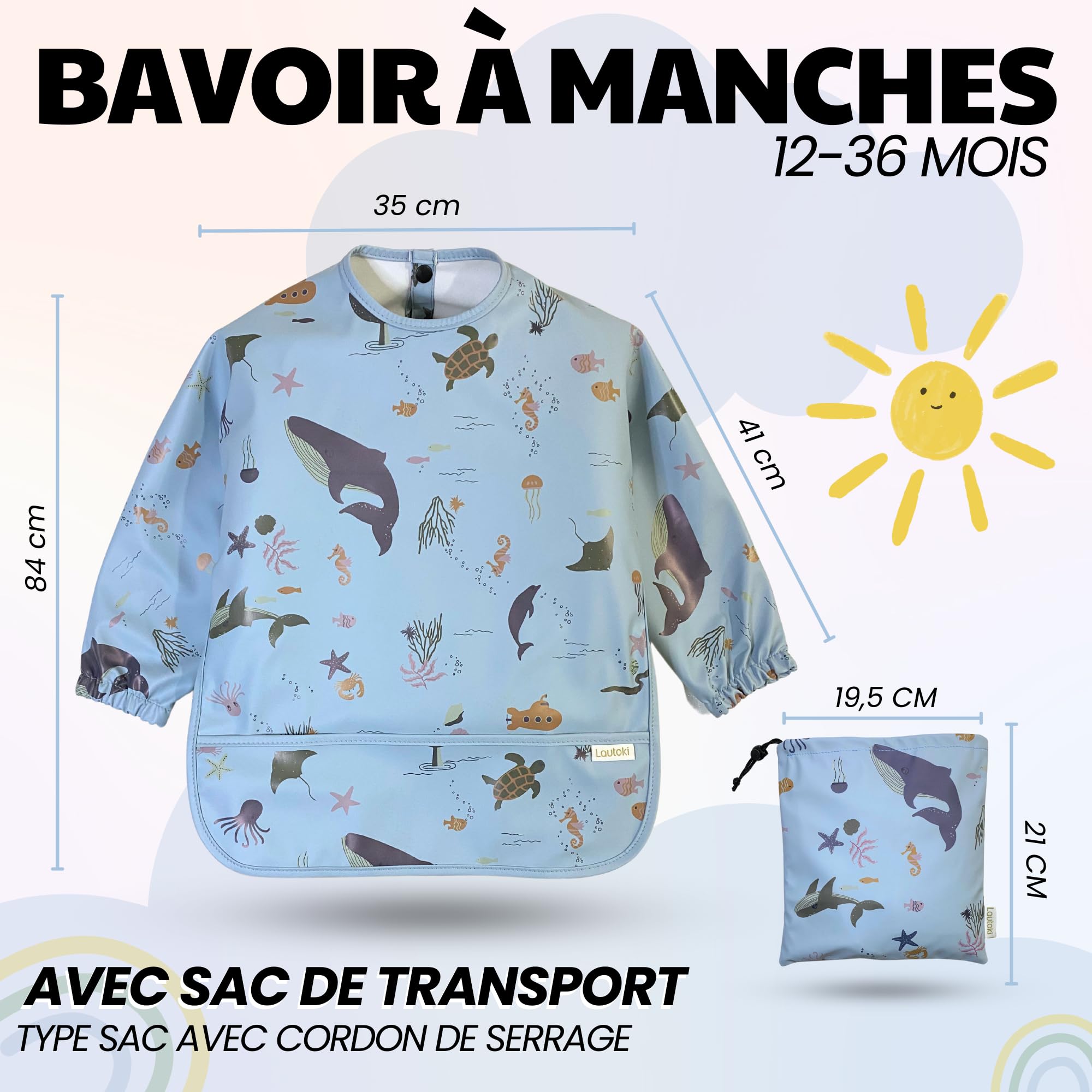 Bavoir manches longues bebes + Sac étanche | 12-36 mois | Sans BPA | Bavoir imperméable bébé | BLW | Bavoir manche longue | Bavoirs bebe | Bavoir tablier bébé