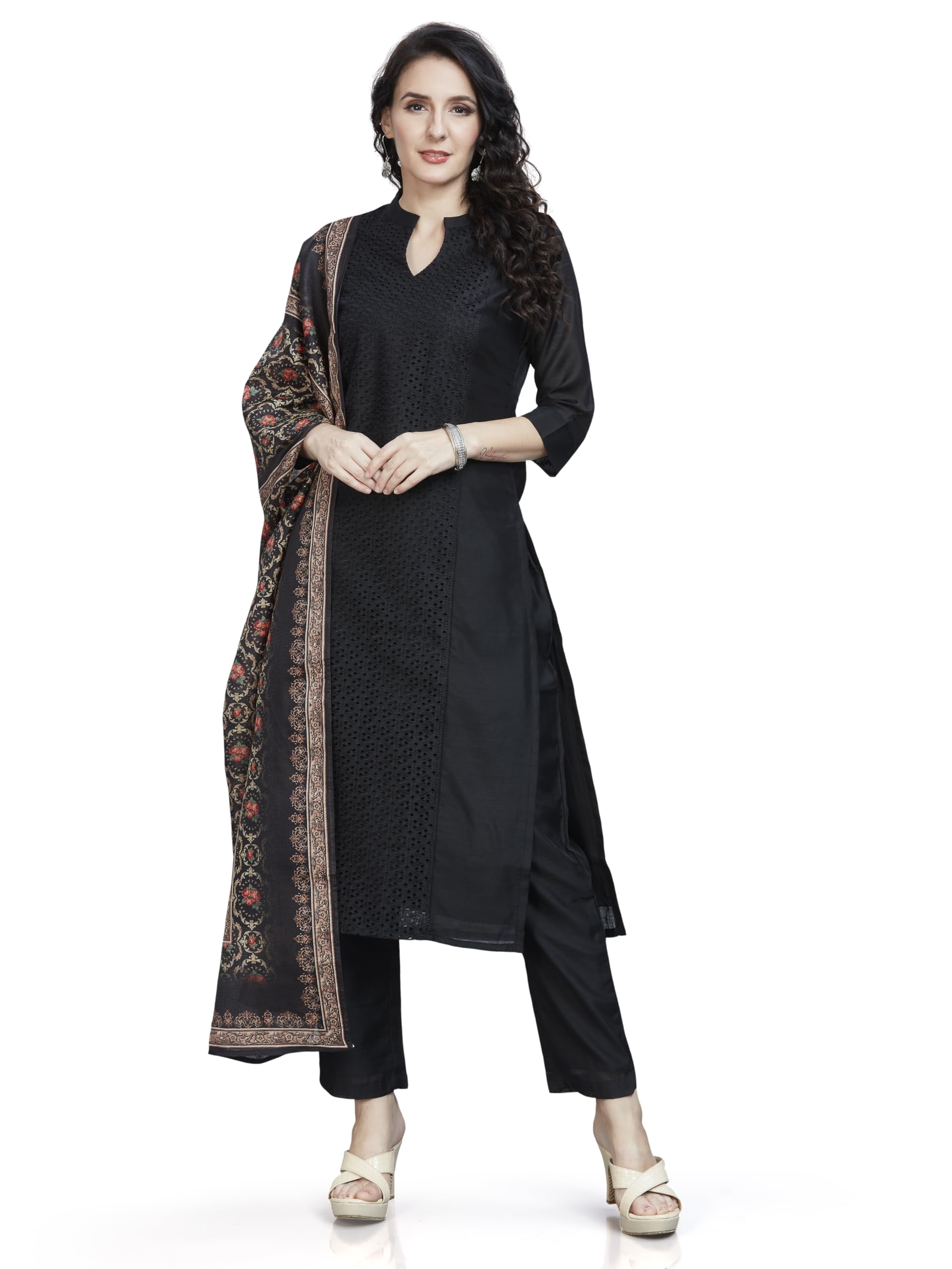 nioni Women's Chanderi Chikan Work Kurti with Pant, Printed Kota Silk Dupatta Open Mandarin Collar Kurta with 3/4 Sleeves Salwar Suit Set, Straight Pant and Printed Dupatta for Ladies/Girls (S to 2XL)-picture-27