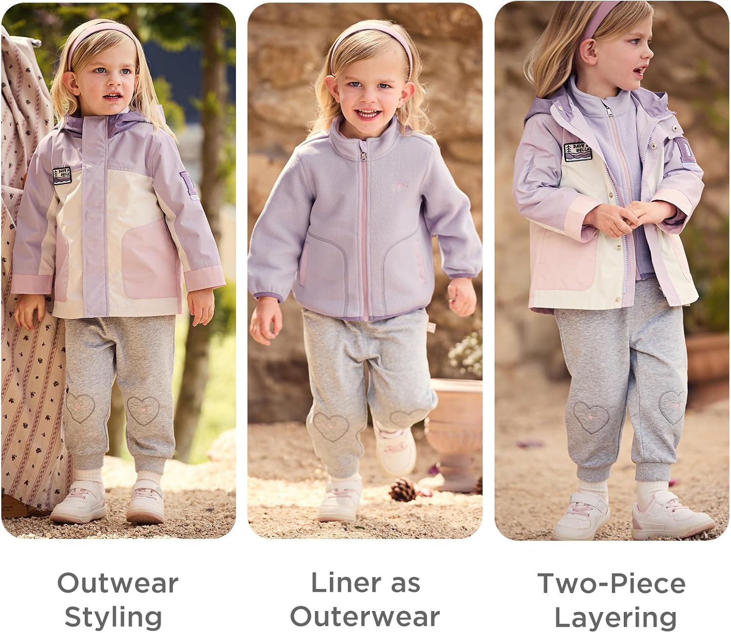 DAVE&BELLA Toddler Boys Girls Windbreaker Jackets, 3 in 1 Patchwork Zip Hooded Kids Outerwear Jacket with Fleece Lining Coat